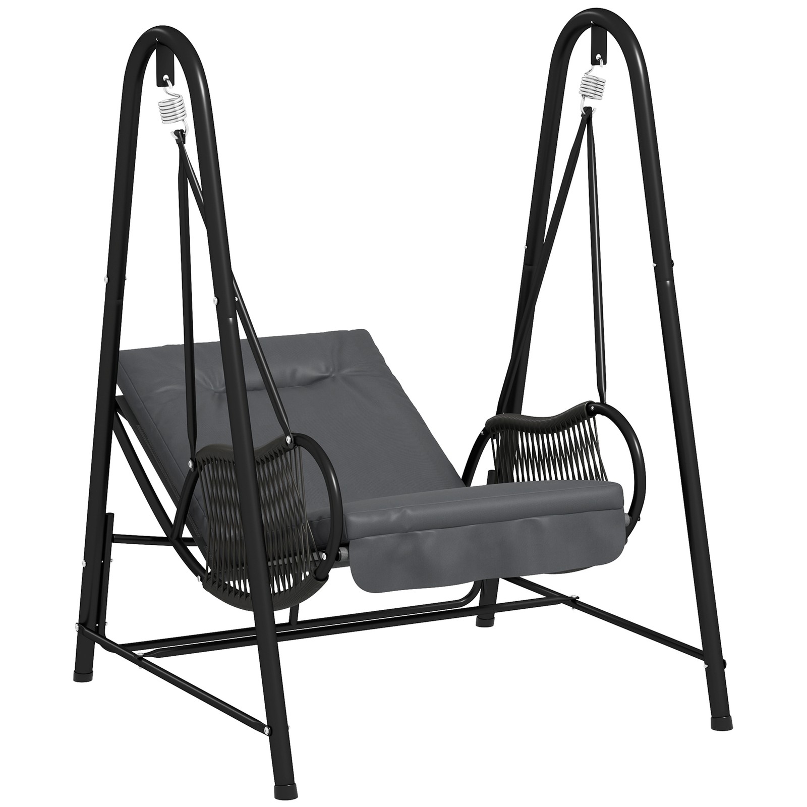 Outsunny Rattan Swing Chair with Stand and Seat Cushion, Dark Grey