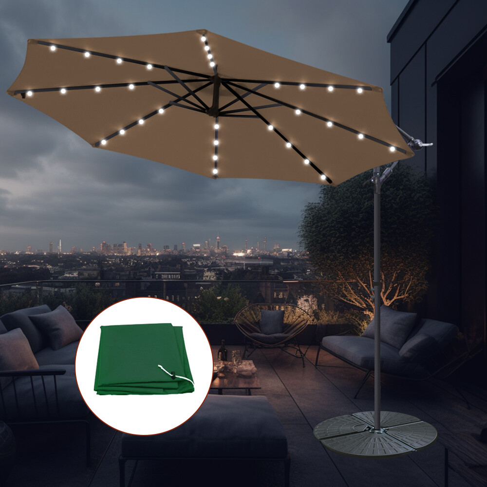 3M Banana Umbrella LED Solar Garden Patio Cantilever Parasol Taupe w/ Base Cover