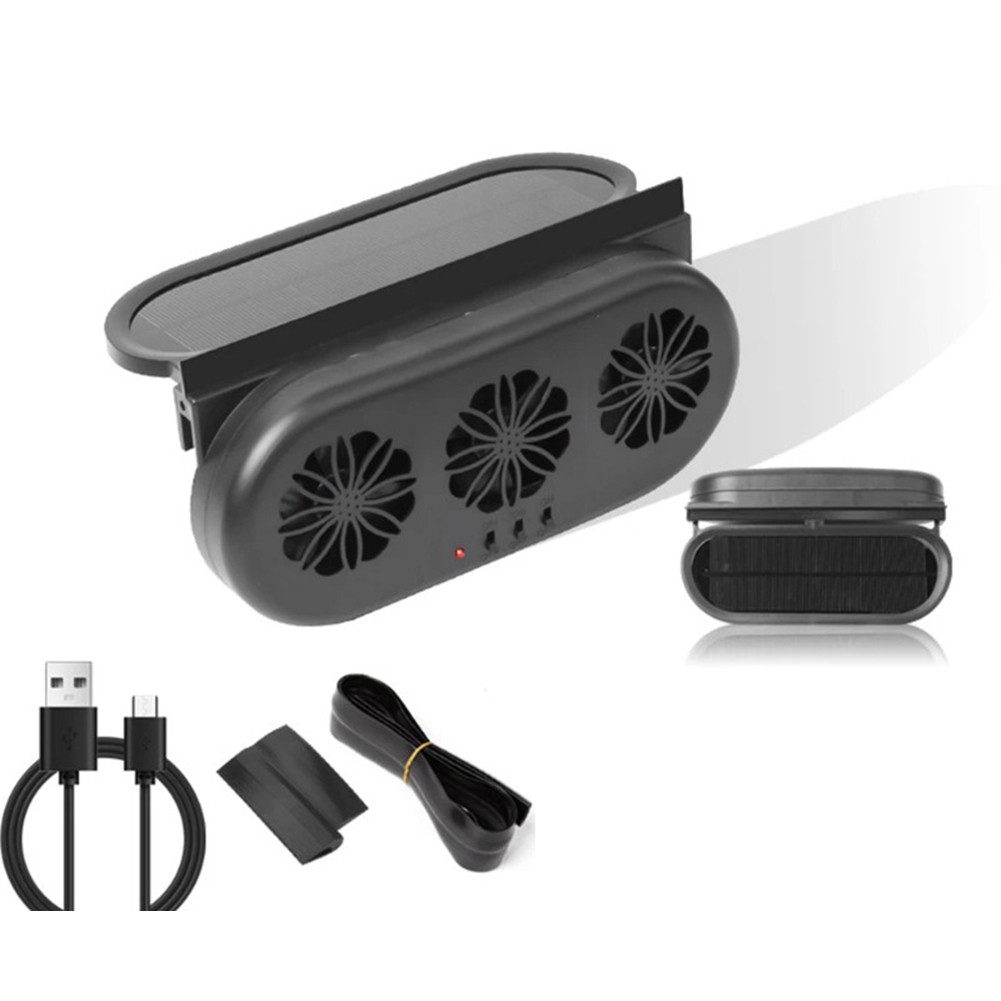 Solar Powered Car Exhaust Fan 3 Head Electric Car Cooling Fan USB Charging3029