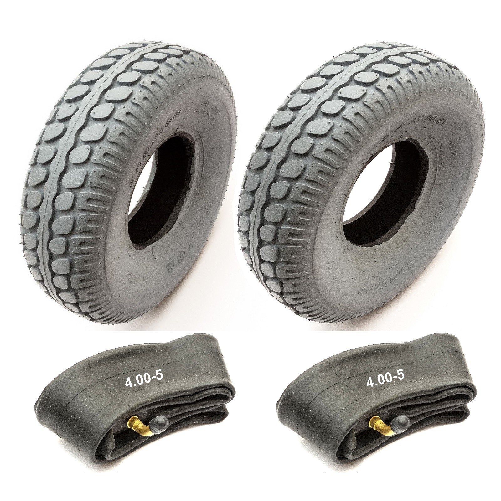 2x Tyre & Tube 4.00-5 Mobility Scooter 4Ply Grey Non Marking Tread 5" Bent Valve
