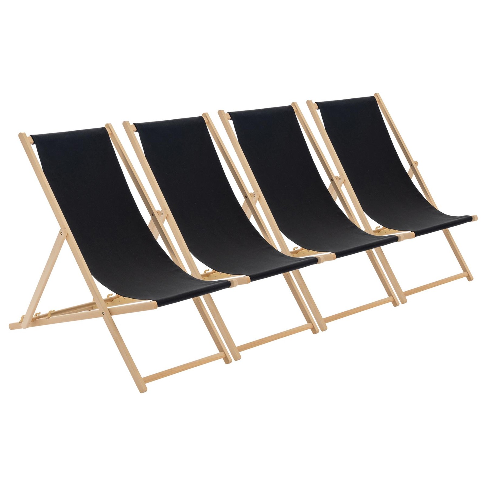 4x Folding Wooden Deck Chairs Adjustable Reclining Canvas Beach Lounger Black