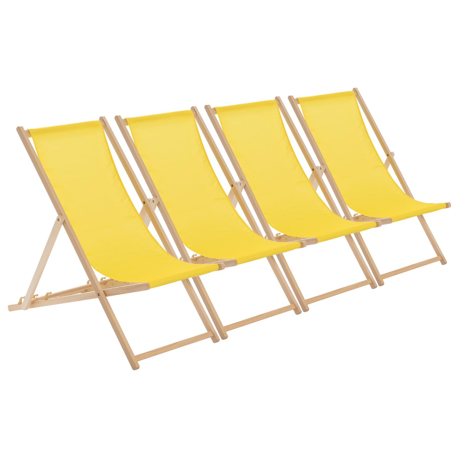 4x Folding Wooden Deck Chairs Adjustable Reclining Canvas Beach Lounger Yellow