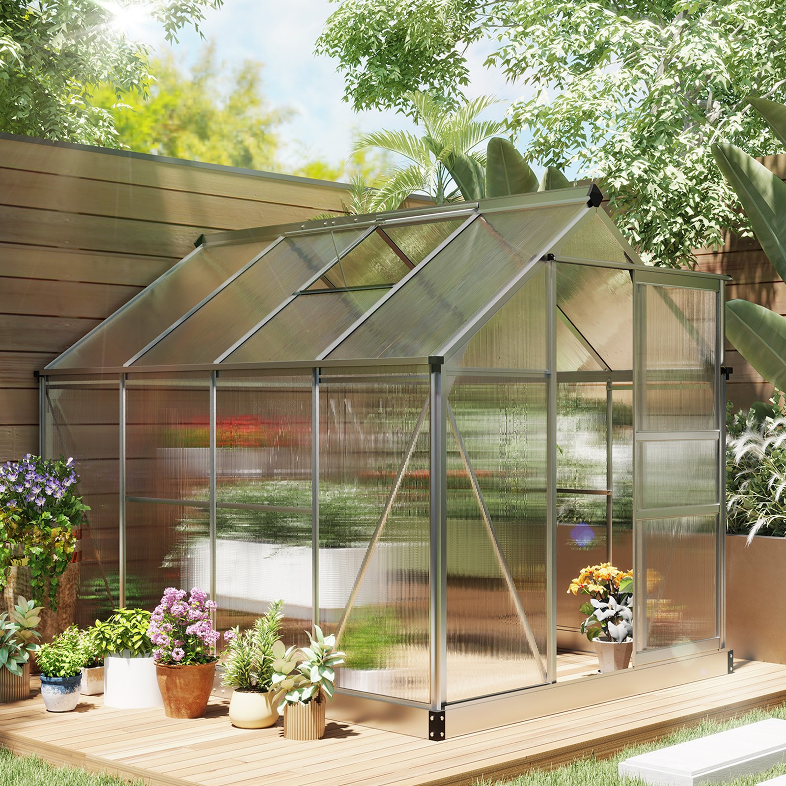 Polycarbonate Walk-In Garden Greenhouse Aluminium Frame w/ Slide Door 6 x 8ft