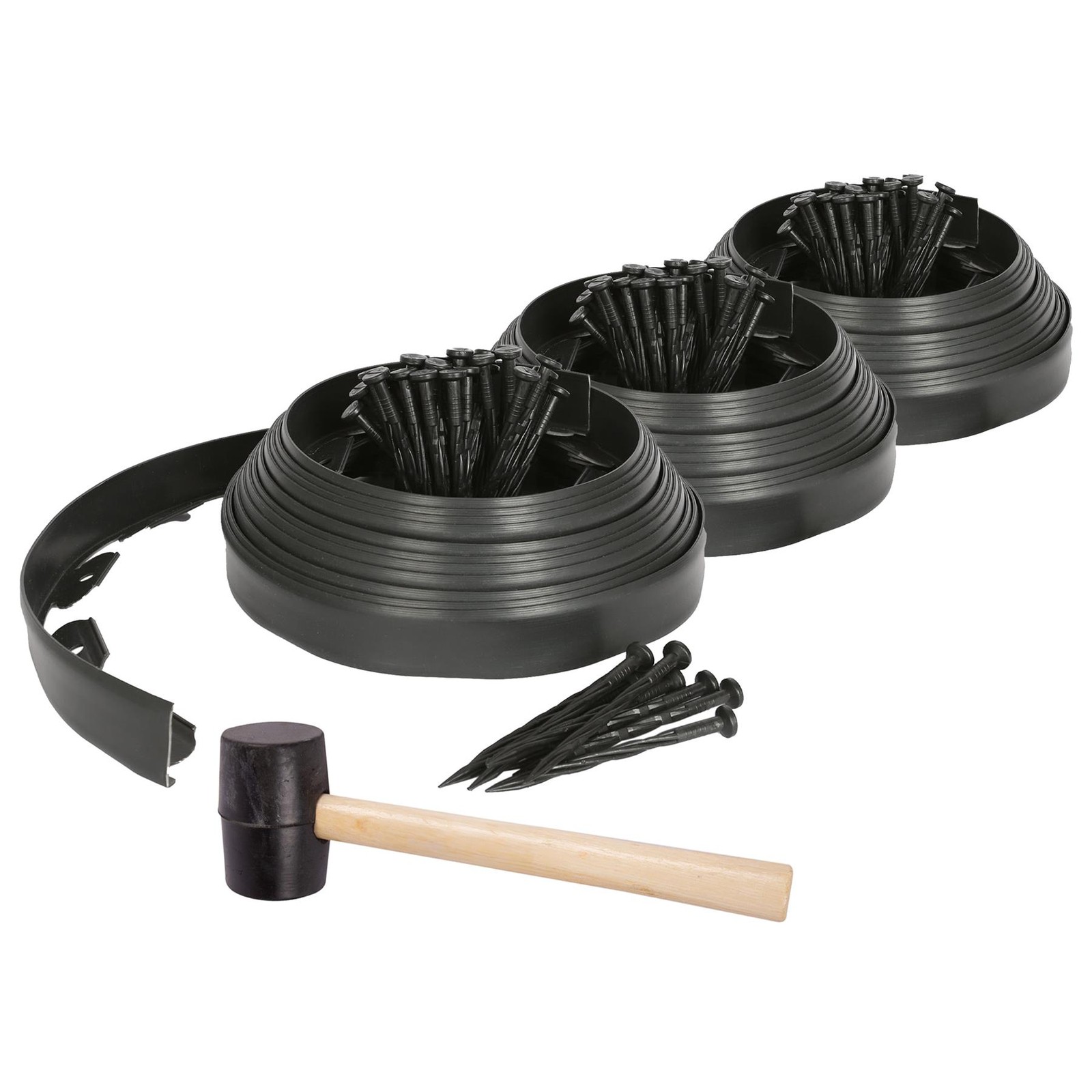 3x Flexible Plastic Lawn & Path Edging with 120 Pegs & Mallet 30m x 4cm Black