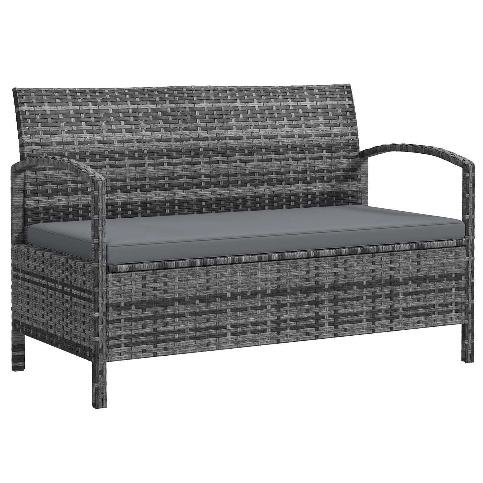 Outsunny Rattan Garden Bench w/ 125L Storage, Cushioned Outdoor Bench, Grey