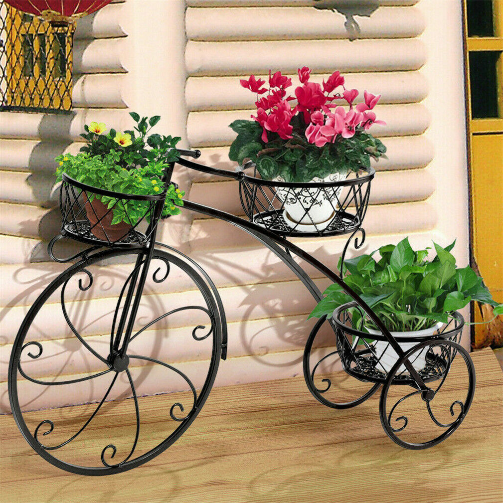 Terrace Nostalgic Bicycle Plant Stand 3 Potted Tricycle Flower Cart Home Garden