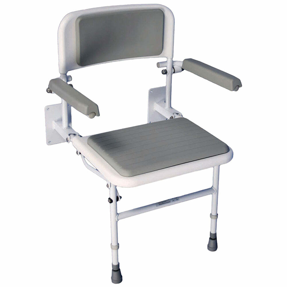 Deluxe Wall Mounted Padded Shower Seat with Arms Fold Away Rust free Aluminium