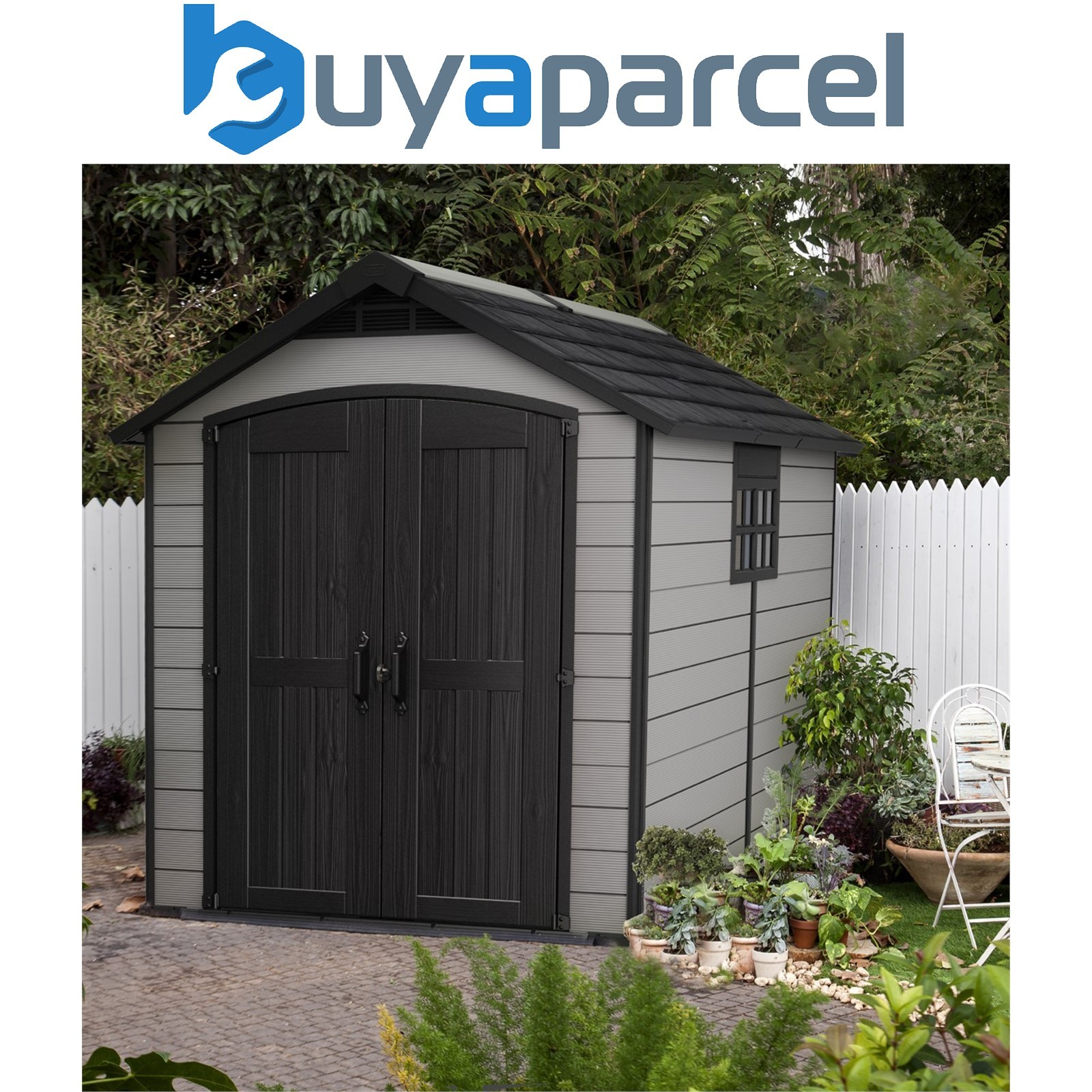 Keter Premier Grey 759 Garden Shed 7.5 x 9 ft Apex Outdoor Storage Wood Effect