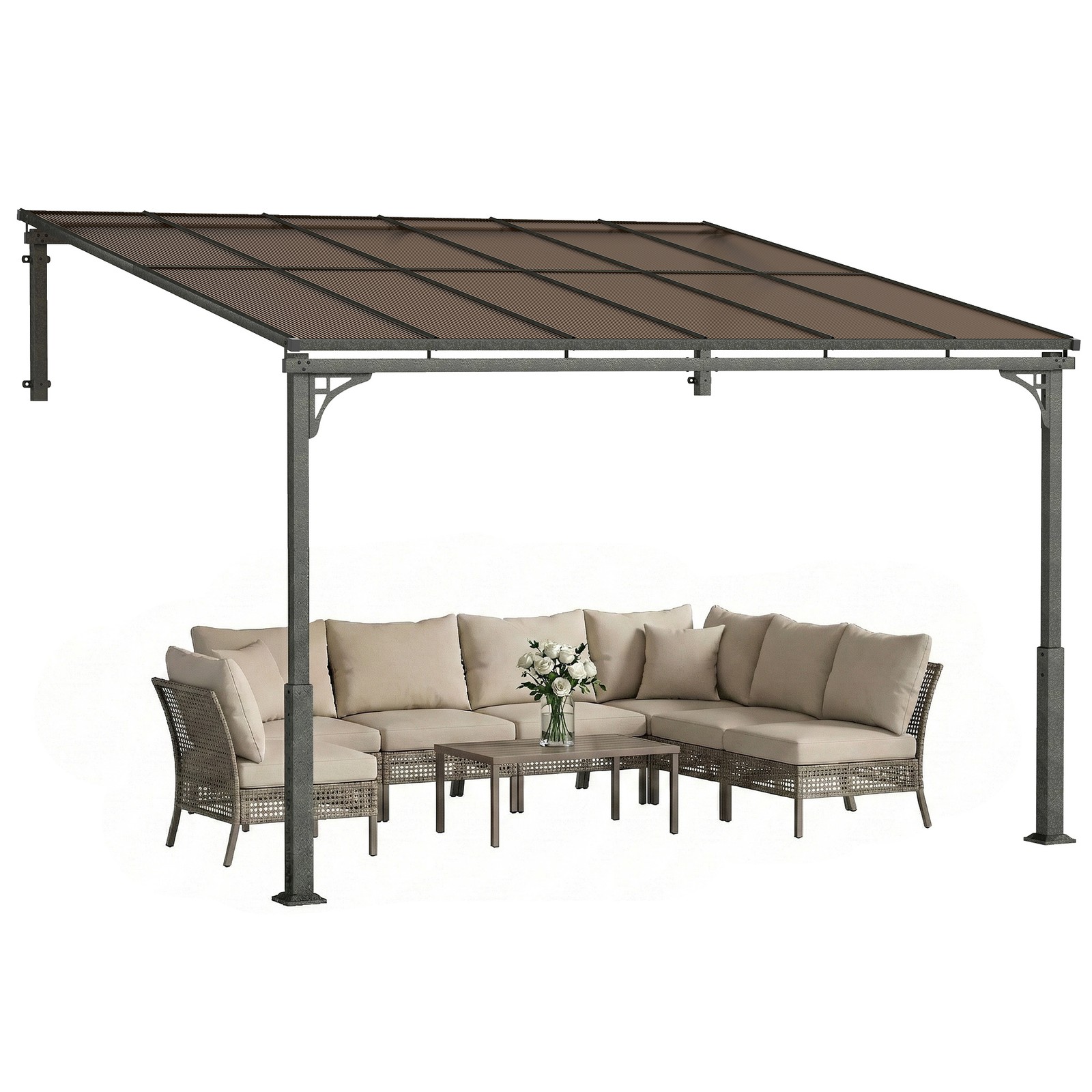 Outsunny 3.4 x 3 m Metal Lean-to Hardtop Gazebo, Wall-Mounted Pergola