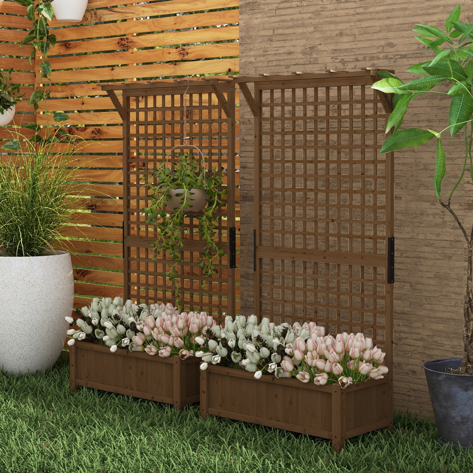 2 Pcs Wooden Trellis Planter with Drain Holes for Herbs Garden Raised Bed Brown