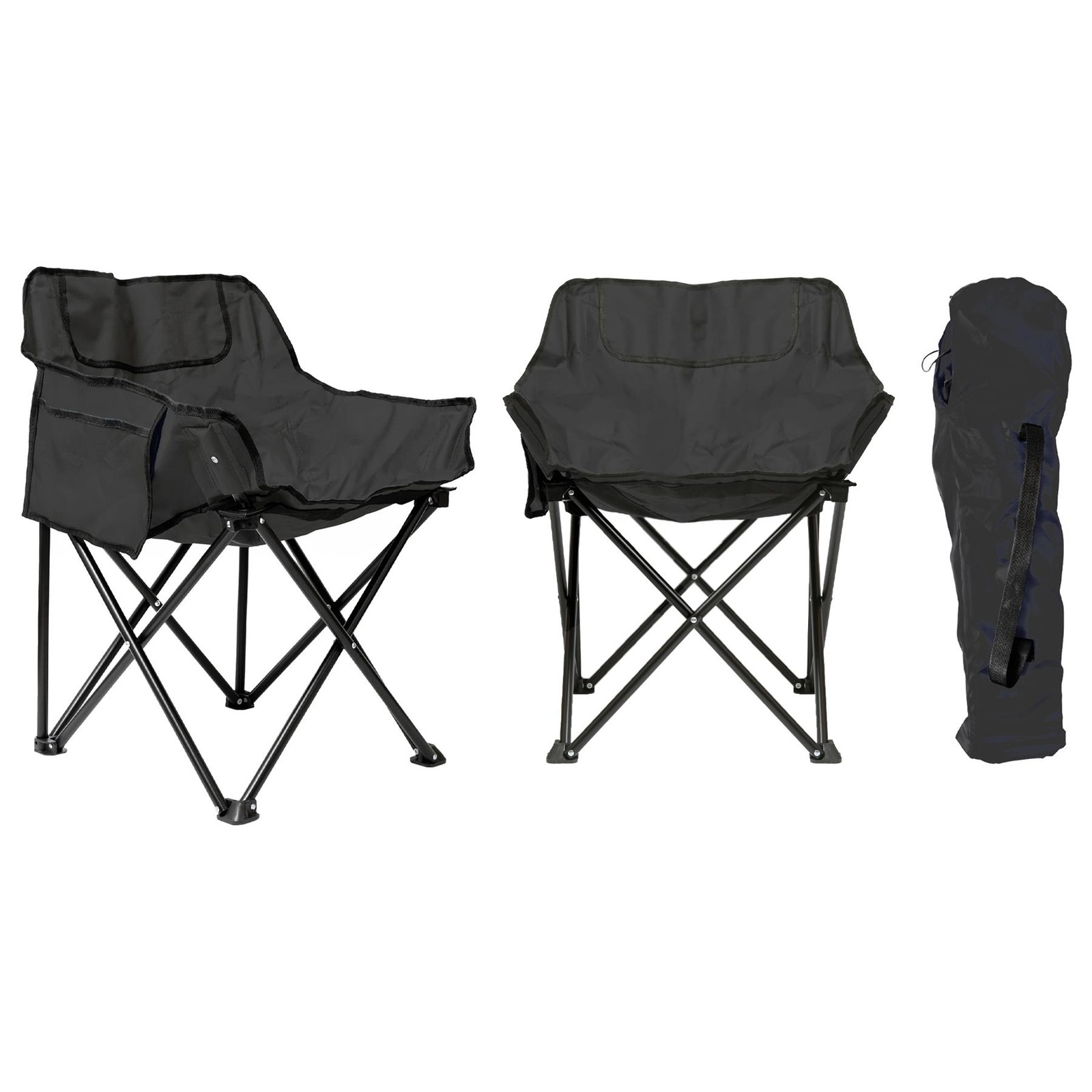 2x Premium Folding Camping Chairs with Pockets & Carry Bag Black Portable Seat