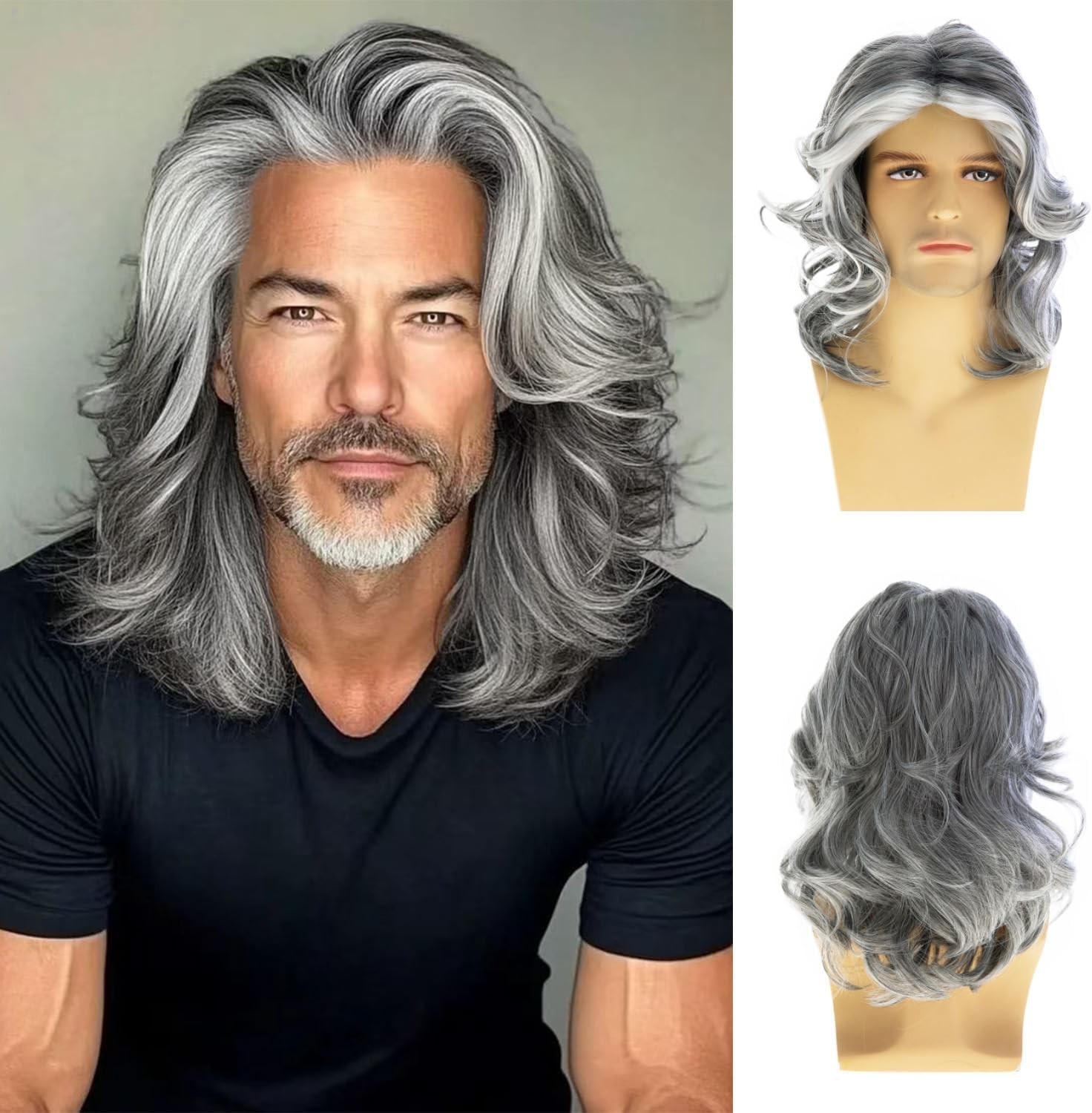 Short Mixed Grey Wavy Wig for Men Natural Looking Layered Synthetic Heat Resist