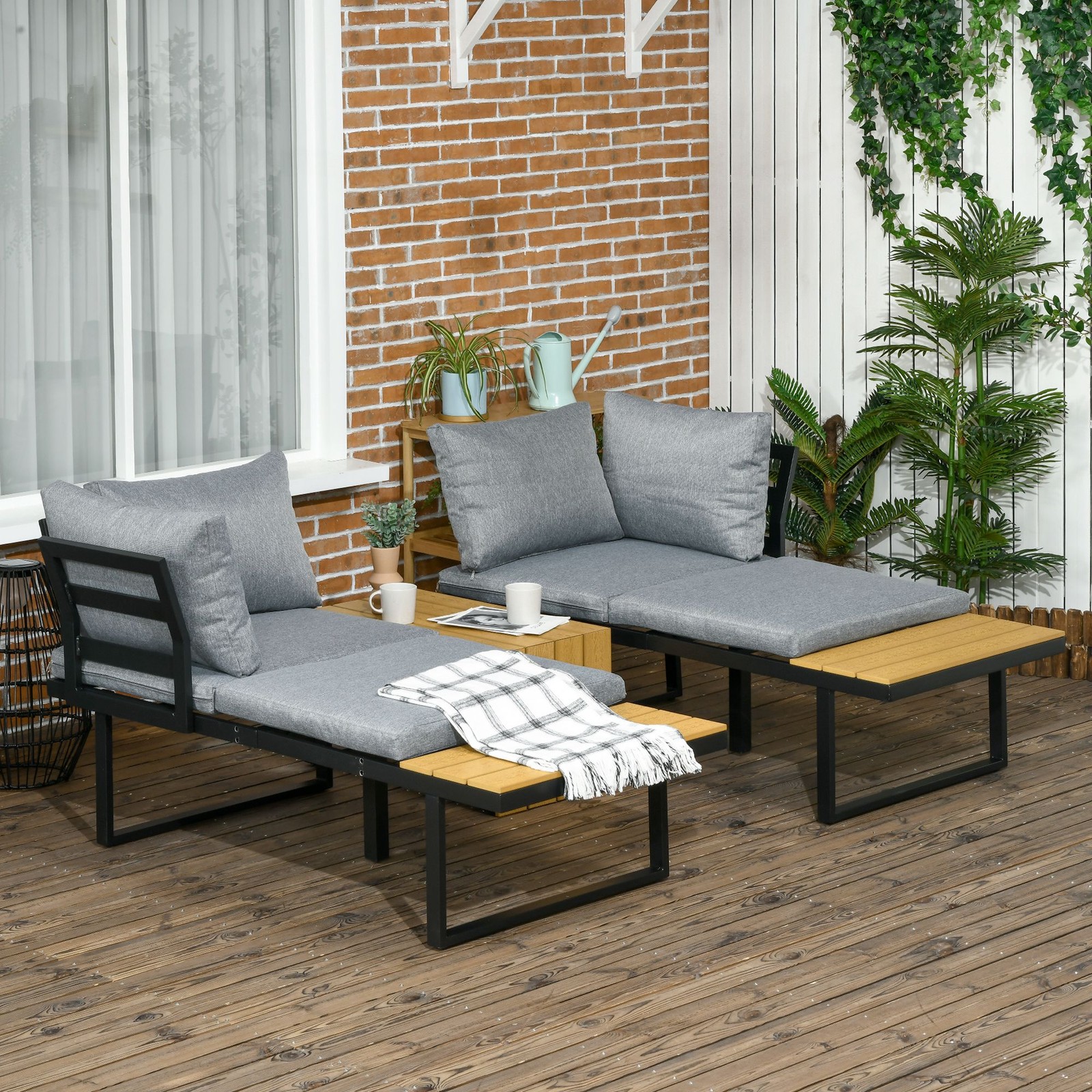 3PCs Patio Furniture Set w/ Cushions, Wood Grain Plastic Top Table & Side Pane