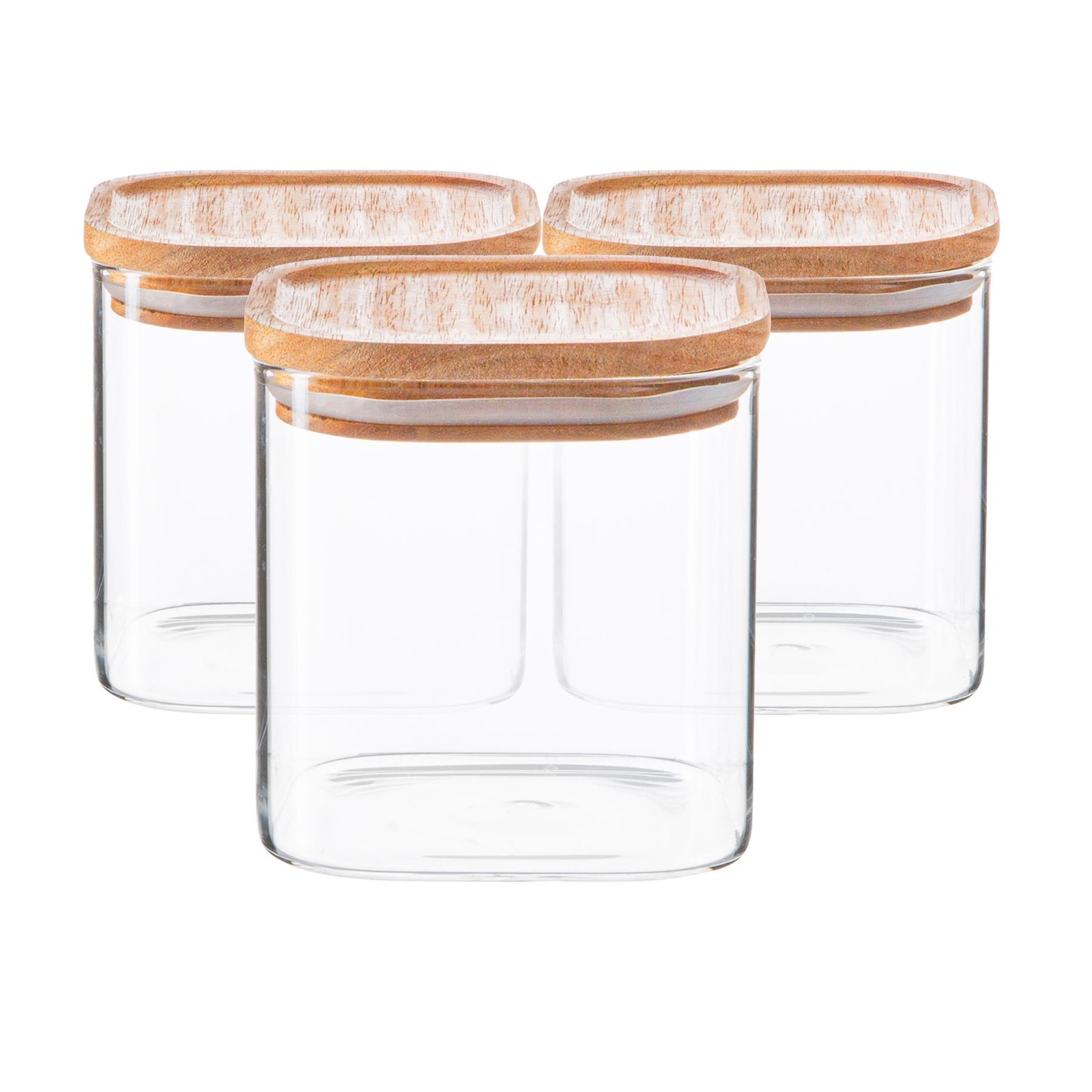 6x Square Glass Storage Jars Wooden Lids Kitchen Pantry Food Canister 680ml