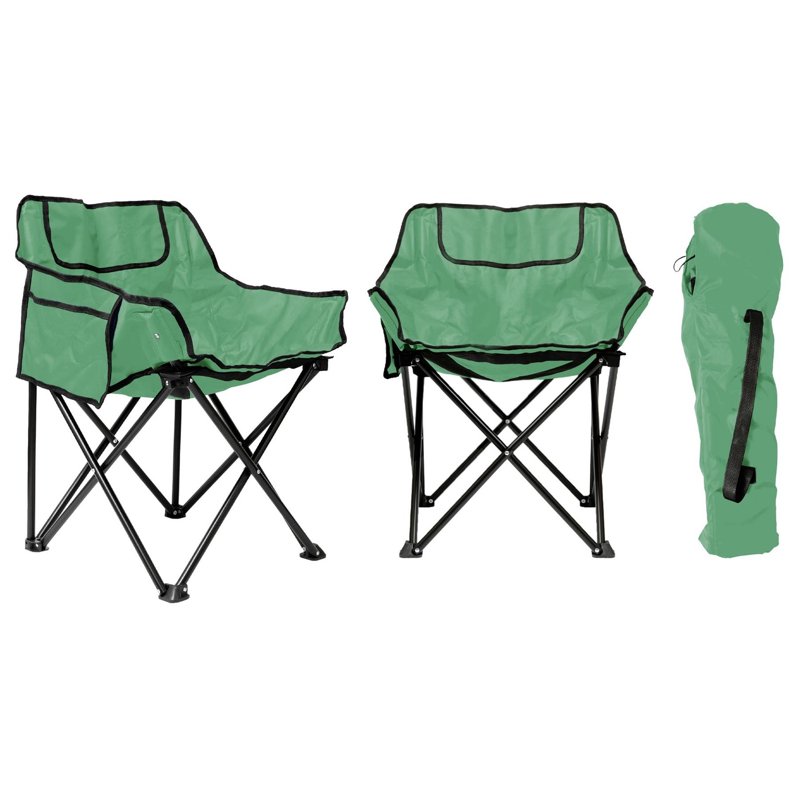 2x Premium Folding Camping Chairs with Pockets & Carry Bag Green Portable Seat