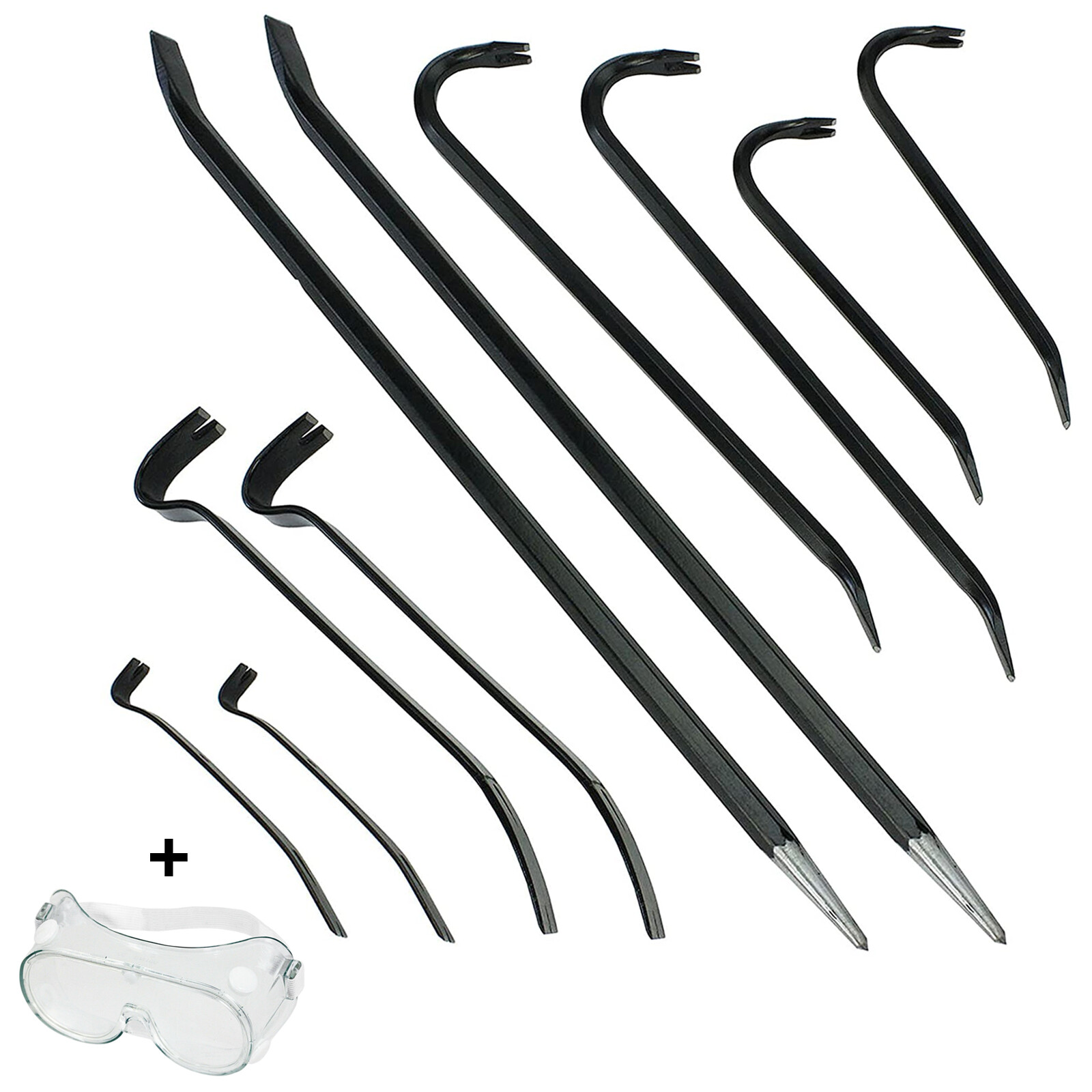 10 Piece Crowbar Long Wrecking Crow Bar Steel Flat Large Pry Kit Safety Goggles