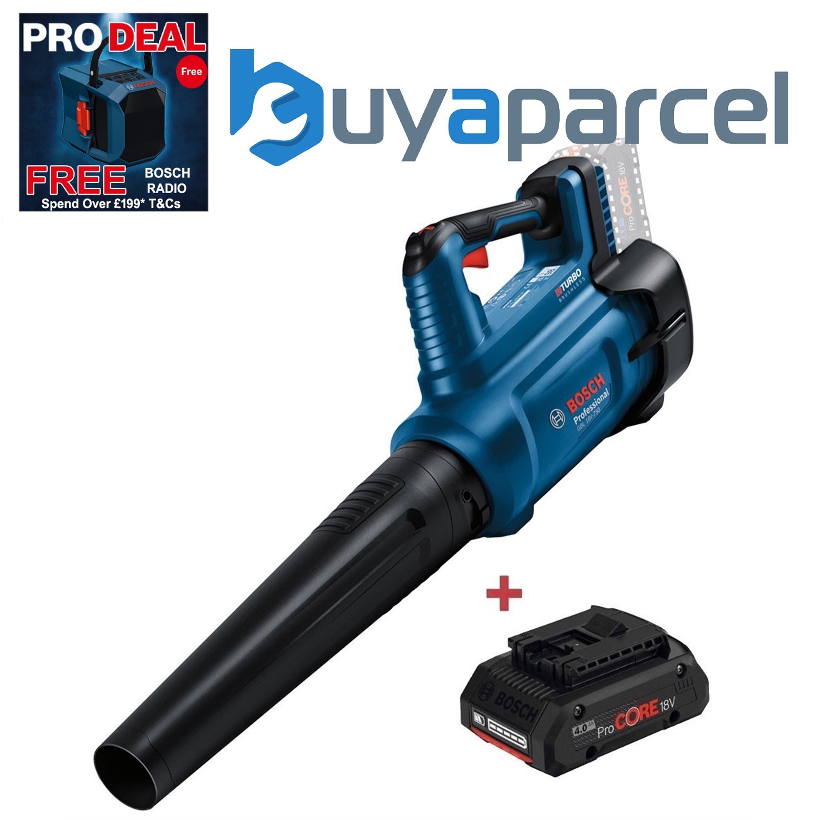 Bosch GBL 18V-750 18V Professional Cordless Brushless Leaf Blower + 4Ah Pro Core