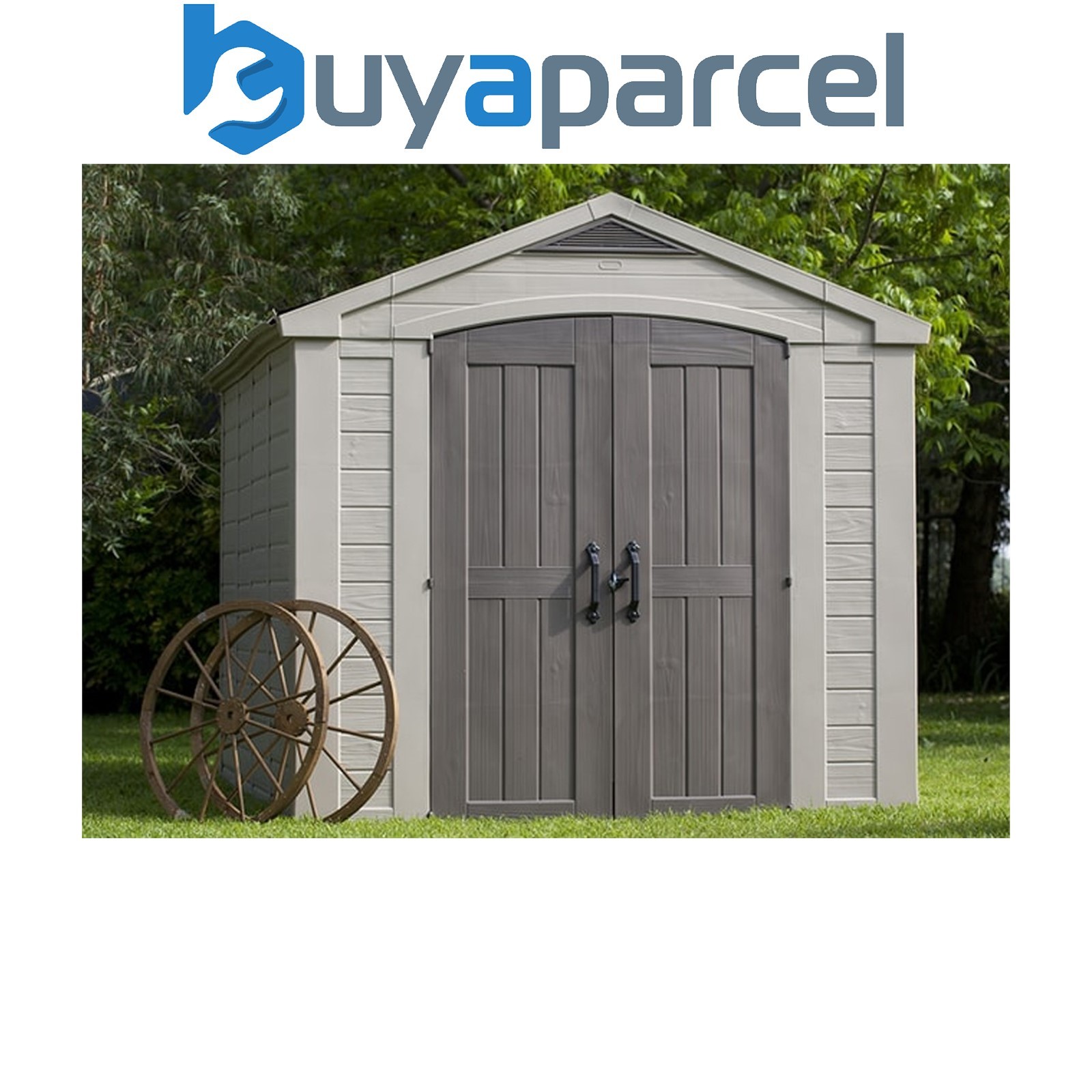 Keter Factor Beige Garden Shed 8 x 11 ft Apex Outdoor Storage Wood Effect Resin