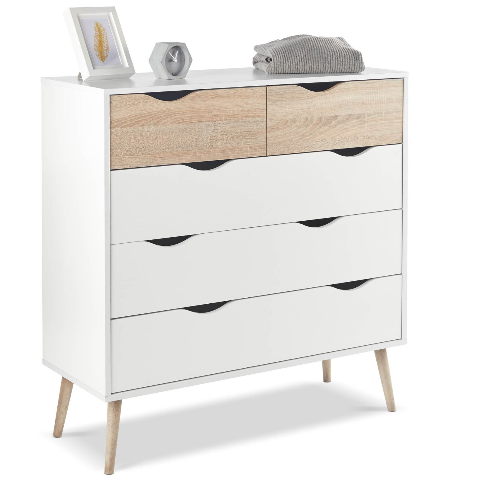Chest Of Drawers 5 Drawer Bedroom Dresser | White & Oak Wood Effect | VonHaus