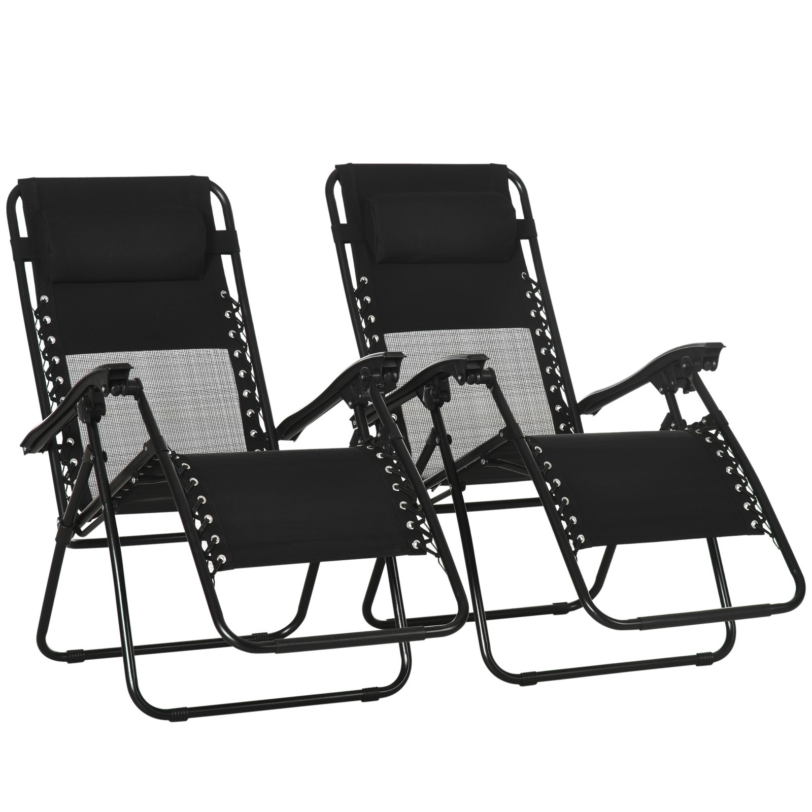 Outsunny Foldable Garden Recliner Chair Set of 2 w/ Footstool & Headrest, Black