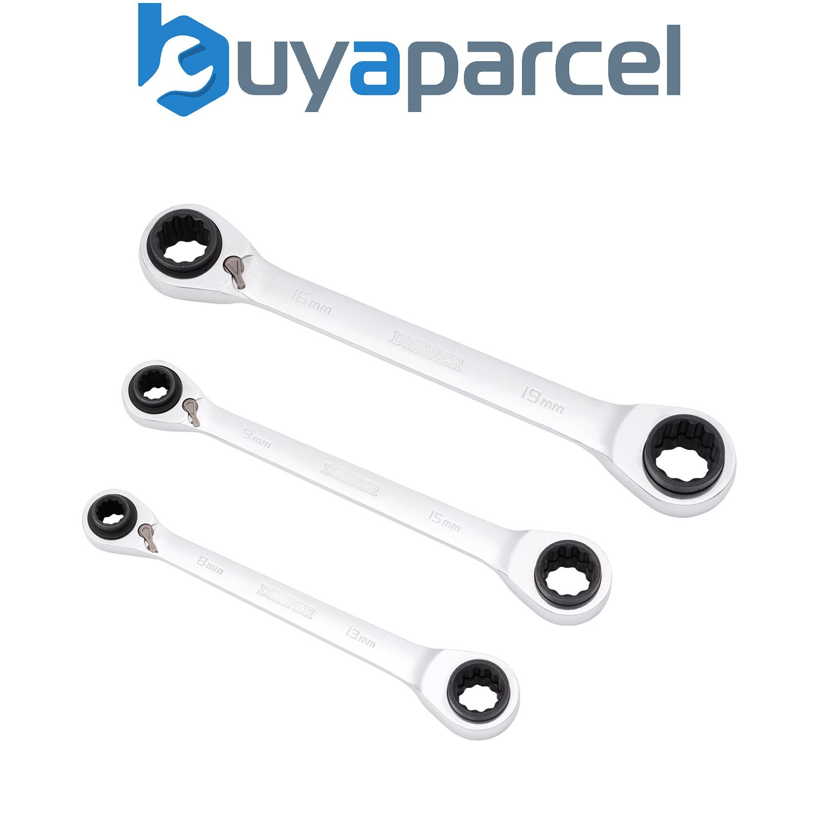 Draper 11652 Metric 4-in-1 Reversible Double Ring End Ratchet Spanner Set (3 Pie