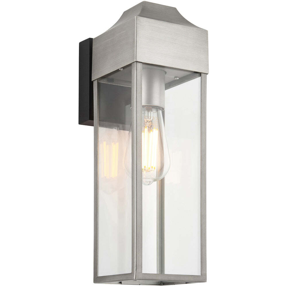 IP44 Outdoor Wall Light Aged Pewter Rectangle Glass Lantern Garage Porch Lamp