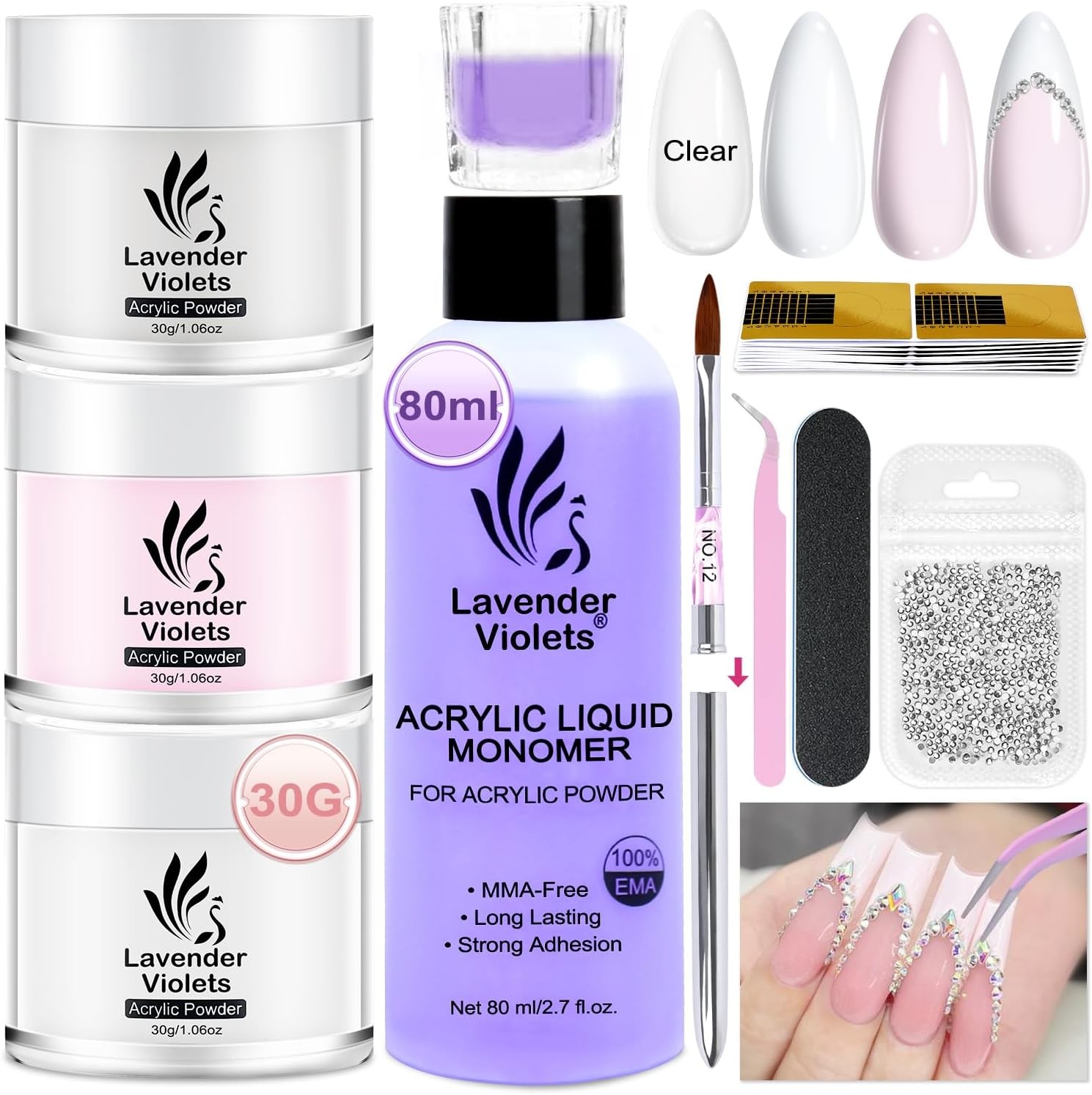 Lavender Violets Acrylic Nail Kit 30g x3 Clear,White,Pink Acrylic powder and mo