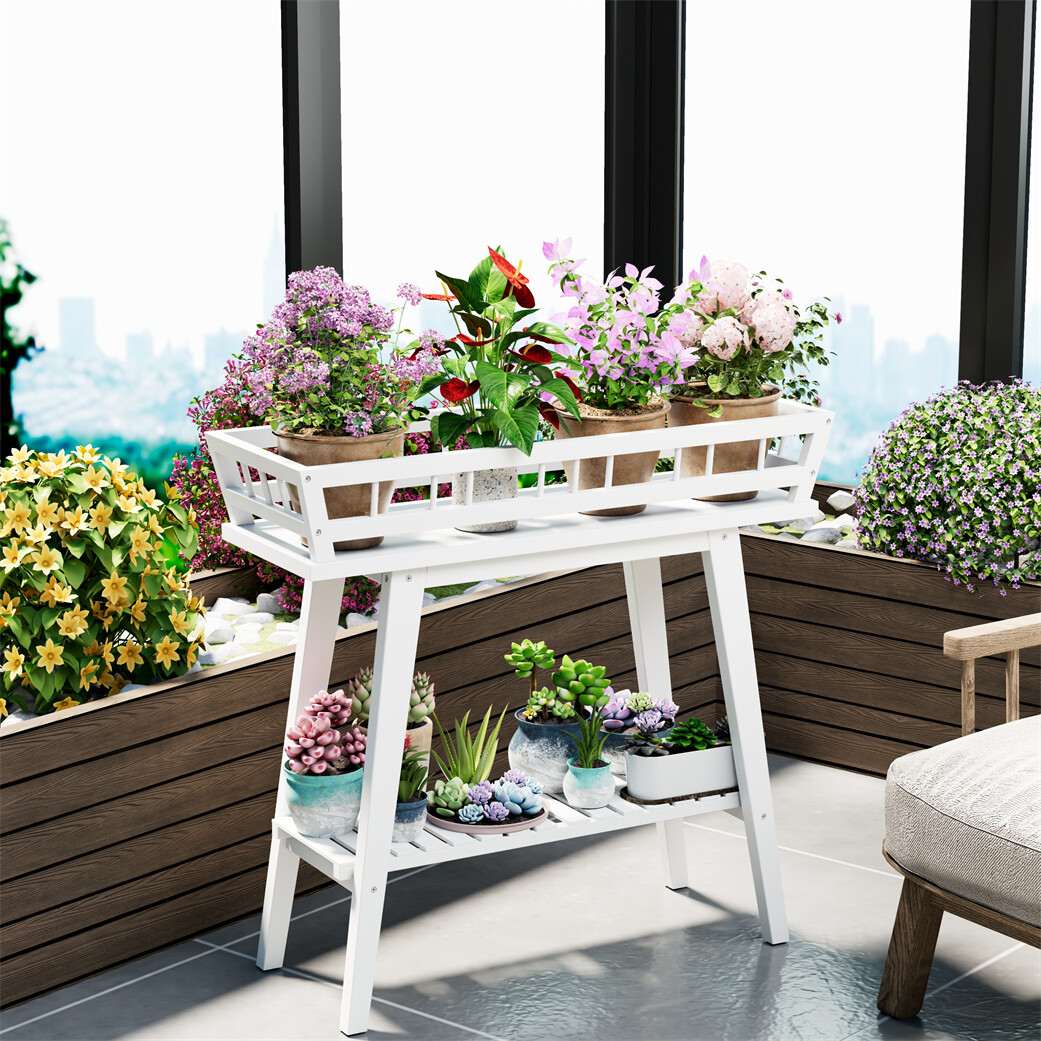 Practical White Planter Display Stand Flower Pot Holder Rack for Patio Balcony