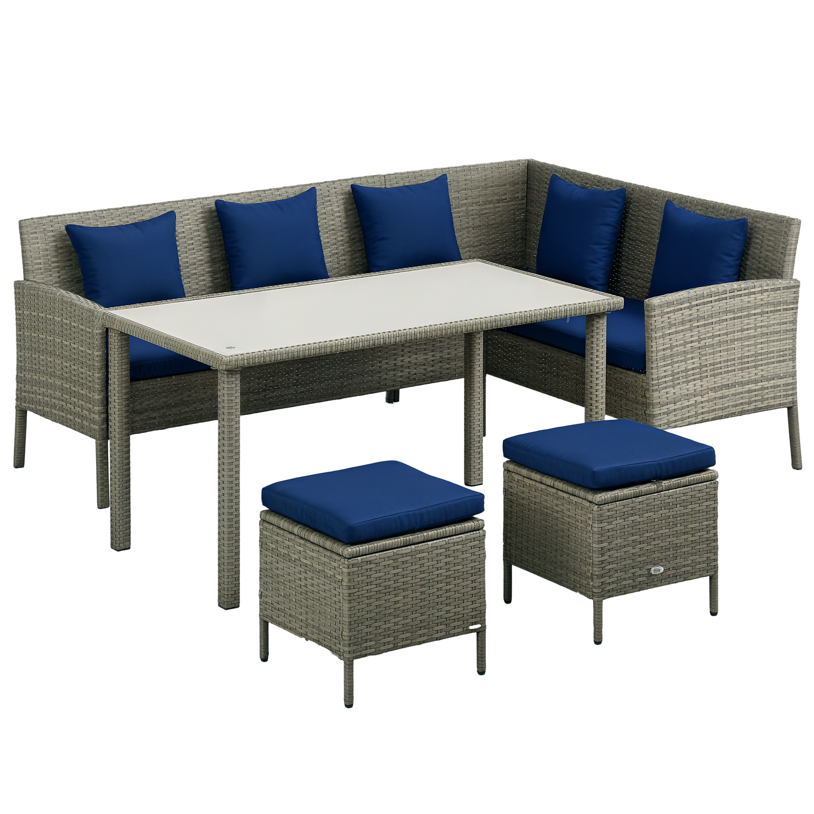 Outsunny 5Pcs Rattan Dining Corner Sofa Set, Garden Furniture Set, Dark Blue