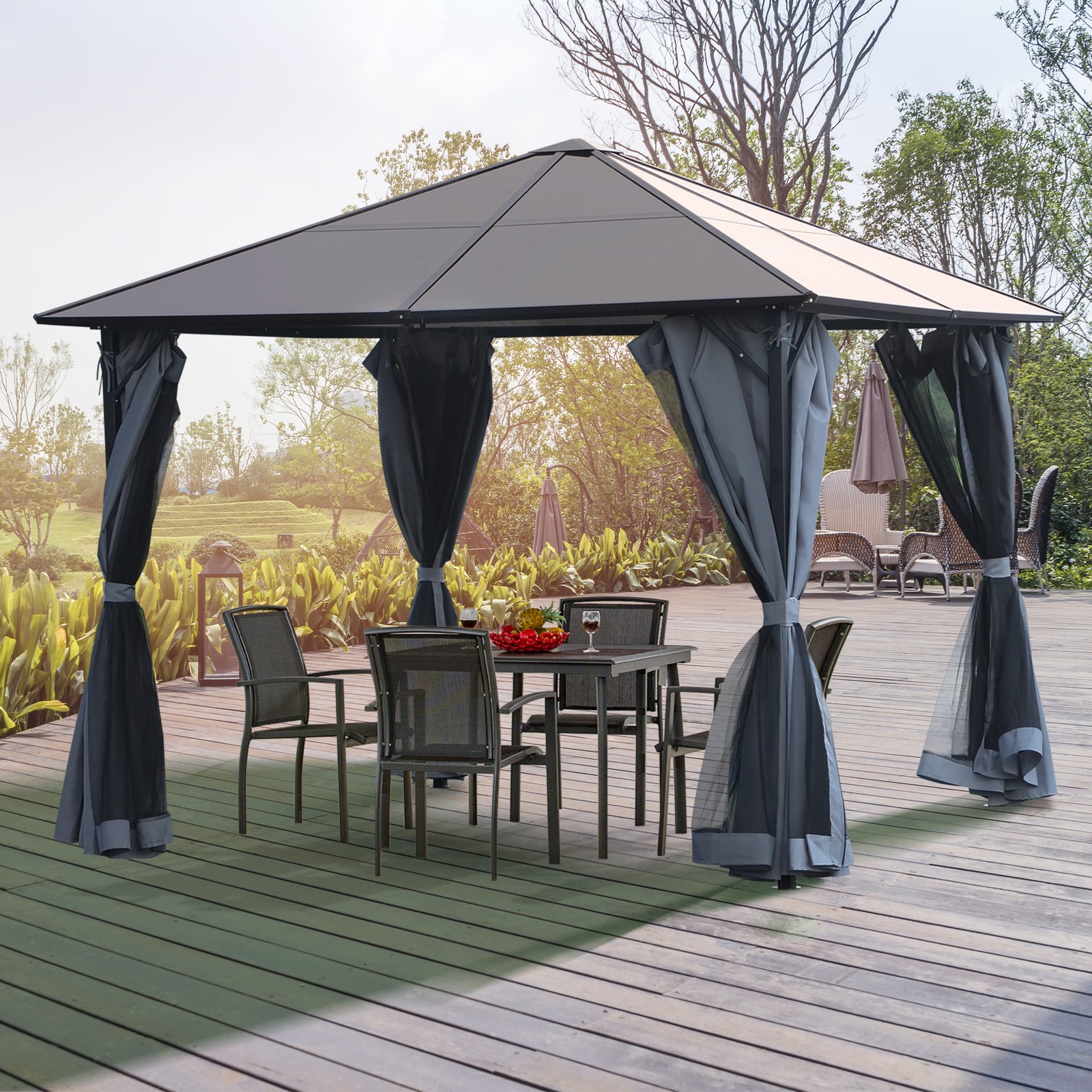 3x3(m) Polycarbonate Hardtop Gazebo Canopy w/ Aluminium Frame Netting & Curtains