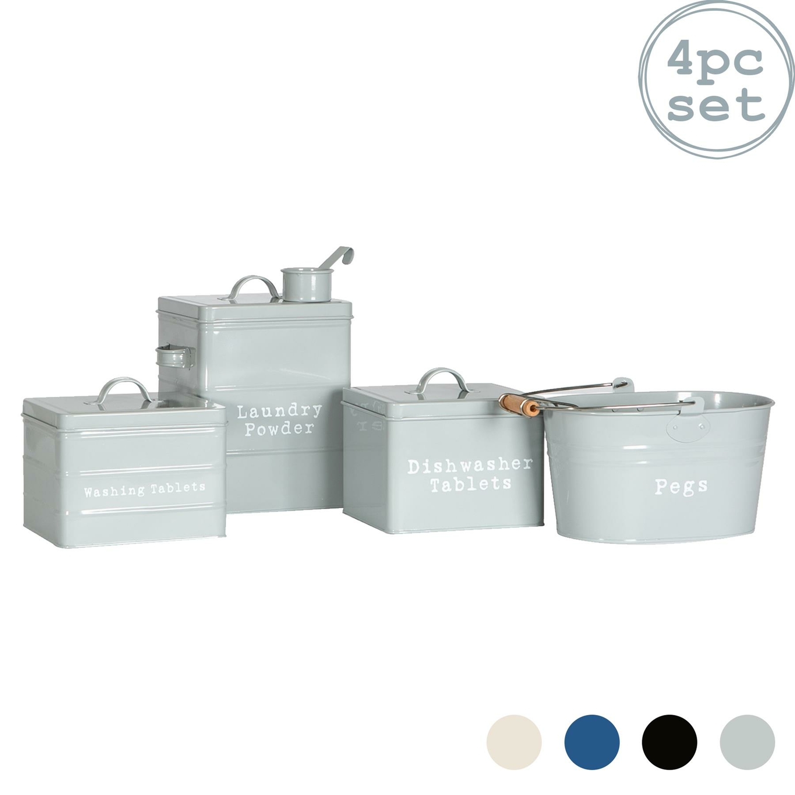 4 x Vintage Metal Utility Room Storage Canisters Industrial Style Tins cm Grey