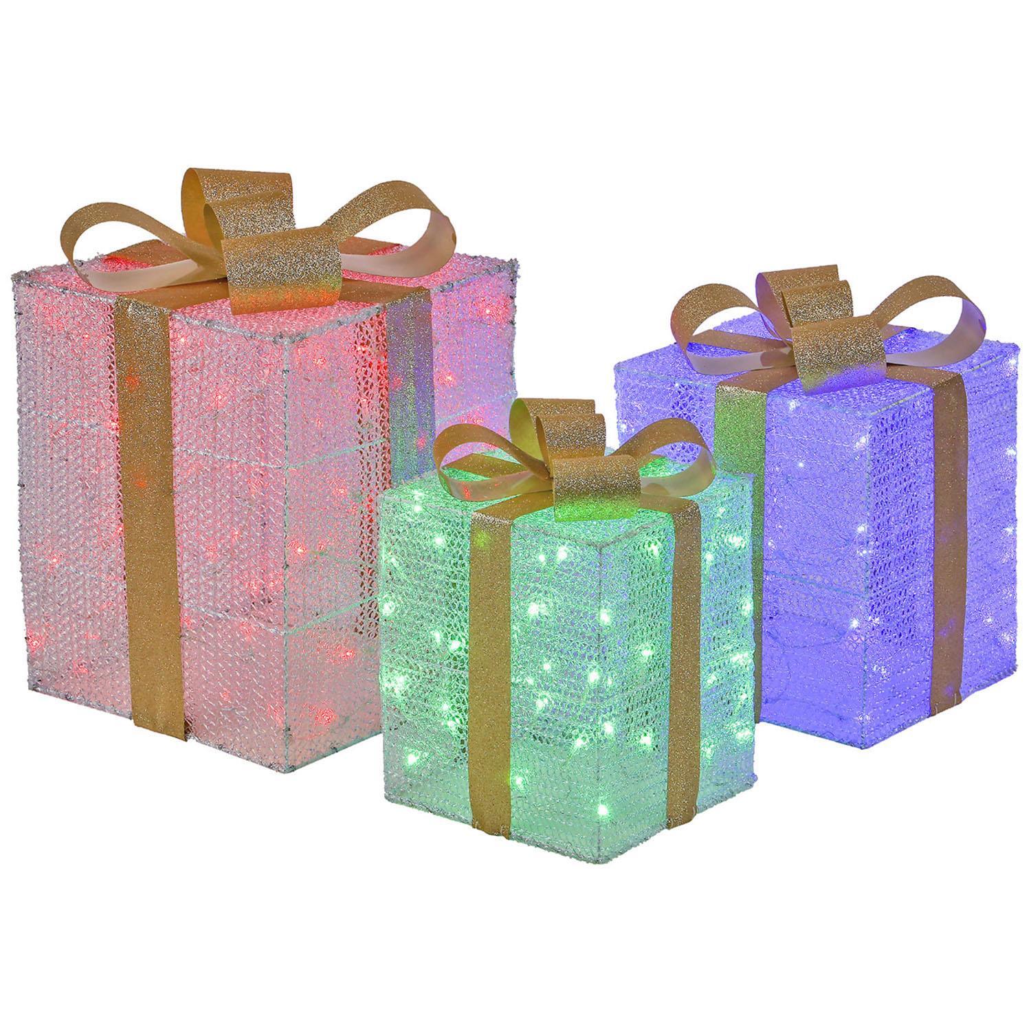 Set of 3 Giant Light Up Christmas Parcel Set Presents Gift Box W/ 200 LED Lights