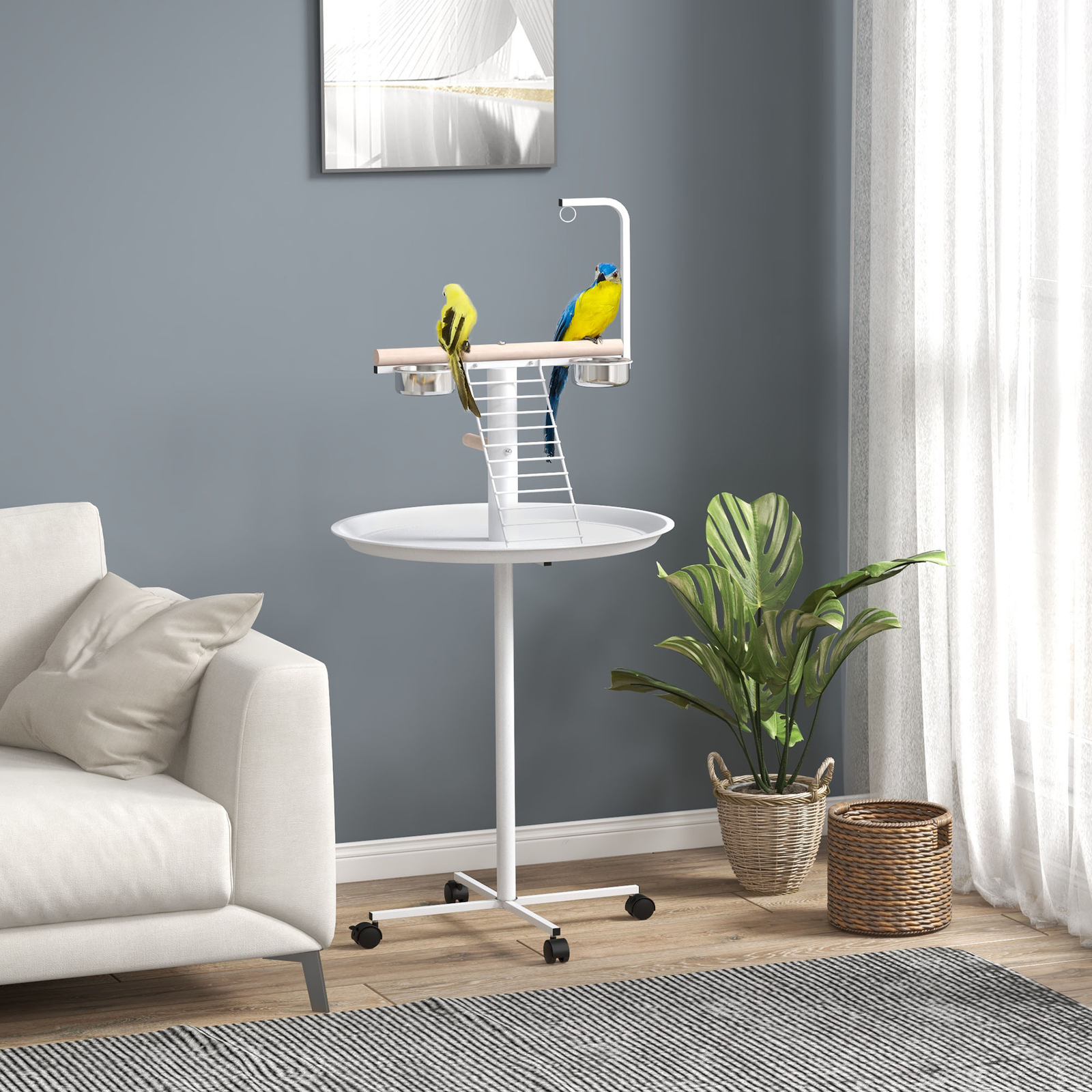 Bird Table with Four Wheels, Perches, Stainless Steel Feed Bowls, Round Tray