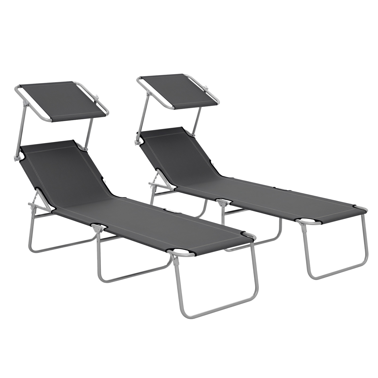 Outsunny Folding Sun Lounger Set of 2 w/ Sunshade Adjustable Backrest Grey