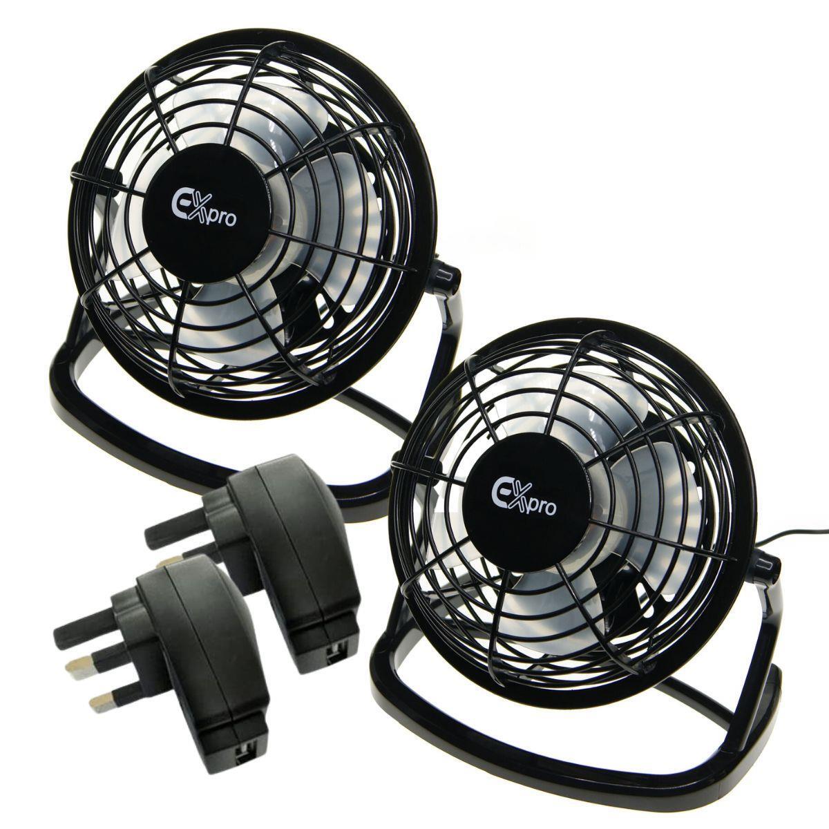 Ex-Pro Noiseless USB Desk Fan with USB Mains Power Plugs [Pack of 2]