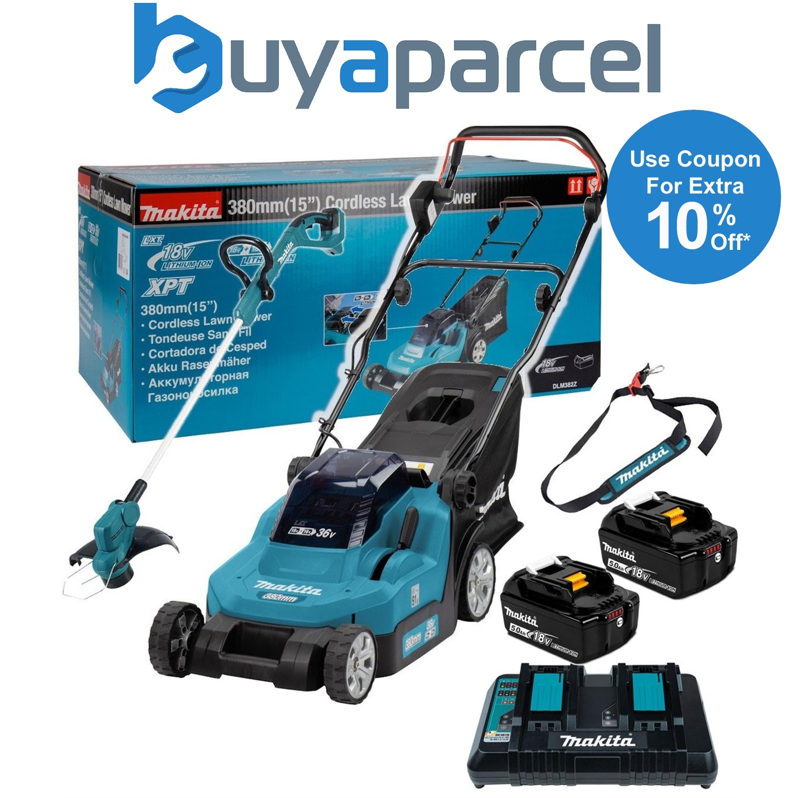 Makita DLM382PT2 18v / 36v LXT Cordless Battery Lawn Mower 2x5ah + Line Trimmer