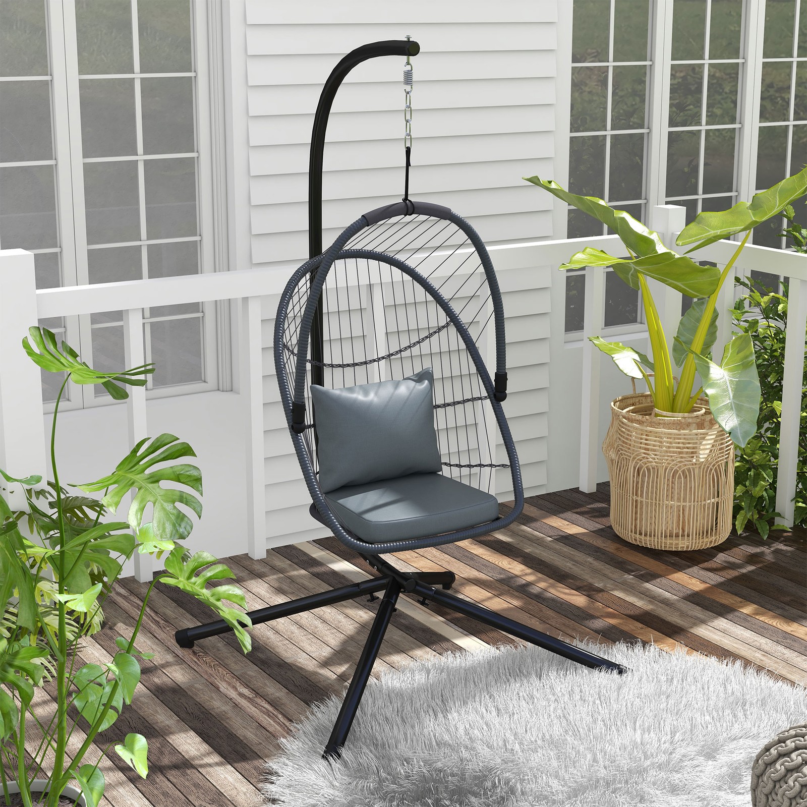 Rattan Hanging Swing Chair w/ Cushion, 360° Rotation Patio Hanging Chair, Grey