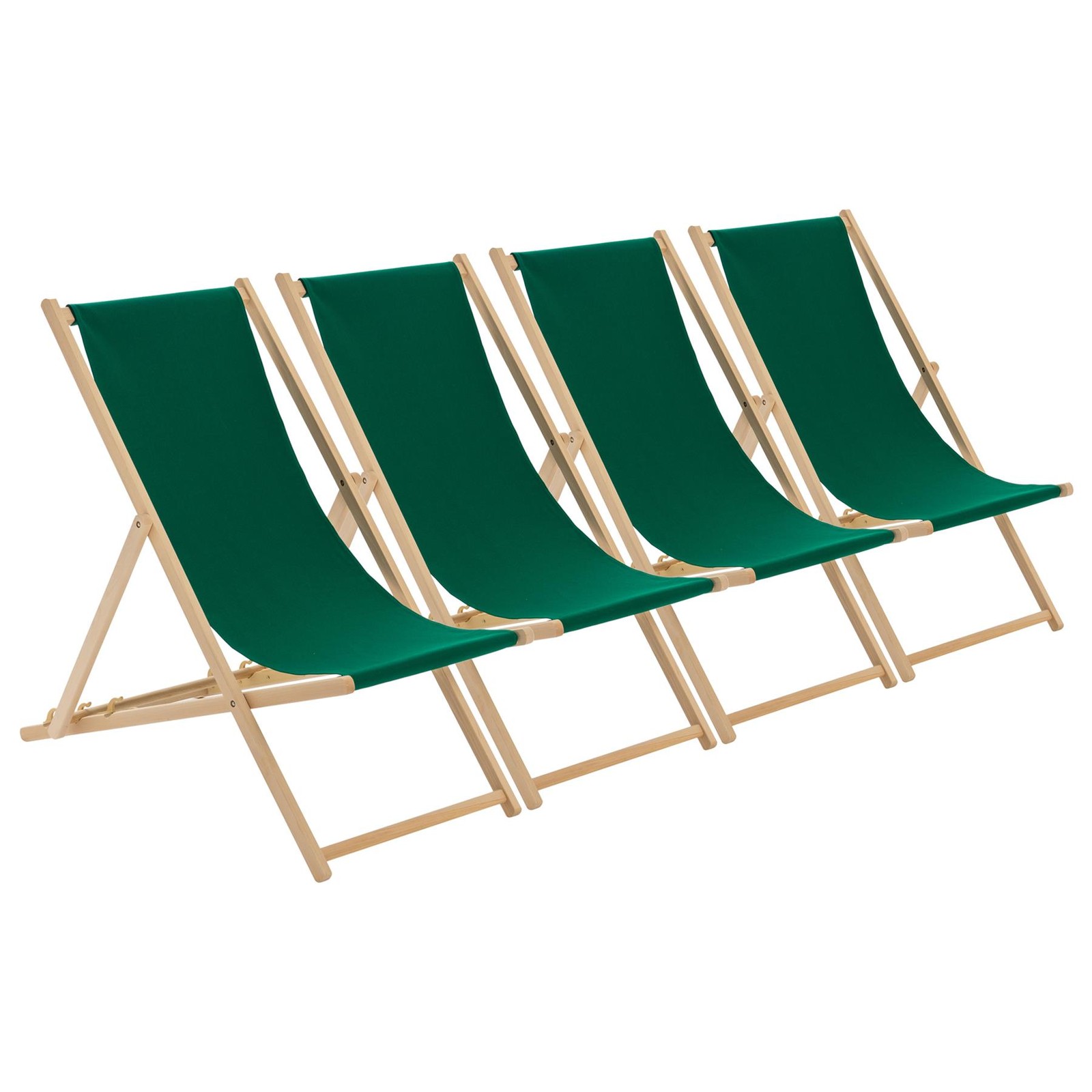 4x Folding Wooden Deck Chairs Adjustable Reclining Canvas Beach Lounger Green