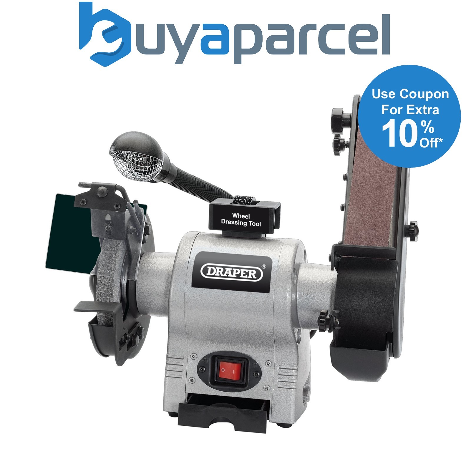 Draper 05096 Bench Grinder with Sanding Belt and Work light, 150mm, 370W