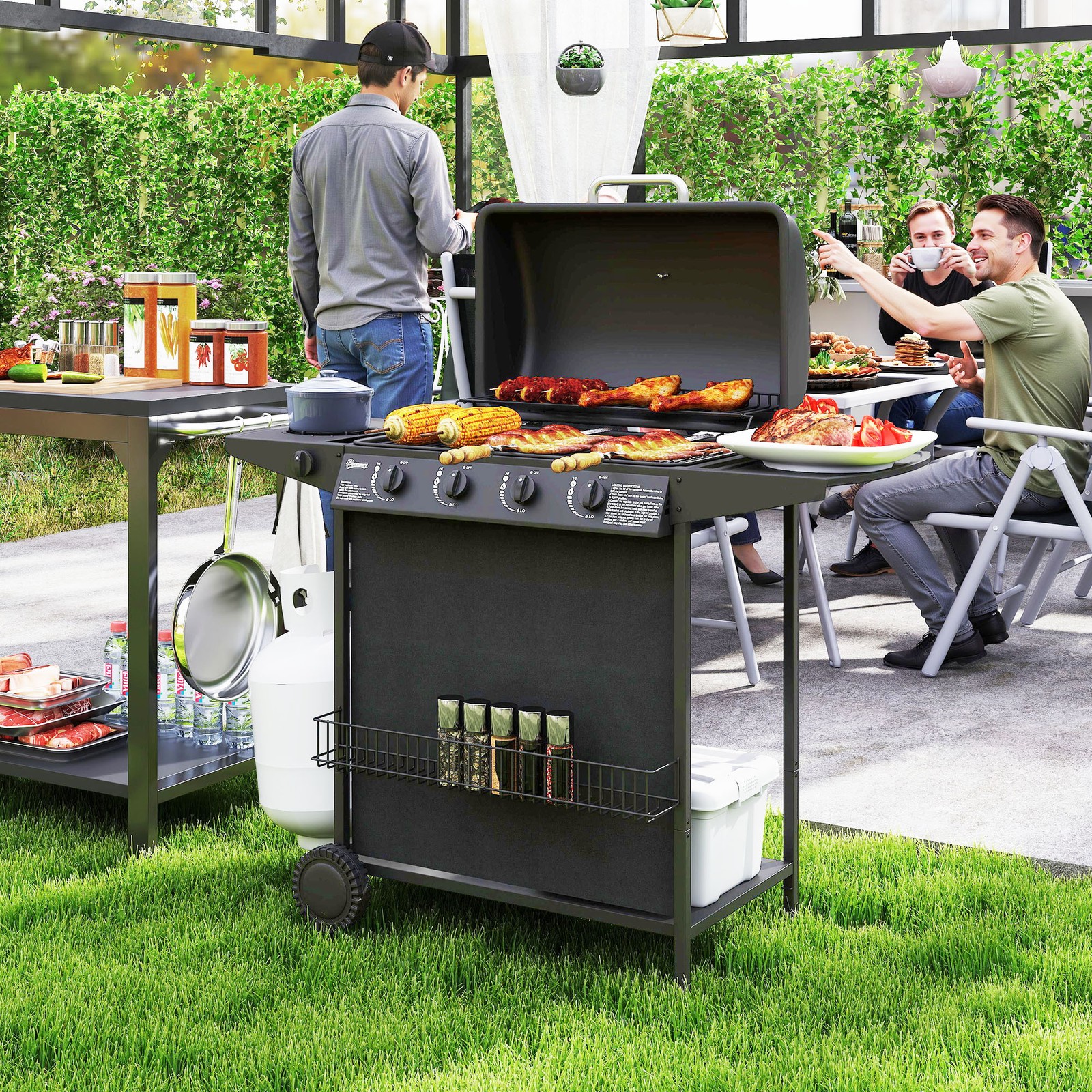 5 Burner Gas BBQ Grill Large Gas Barbecue Grill with Built-in Thermometer, Black