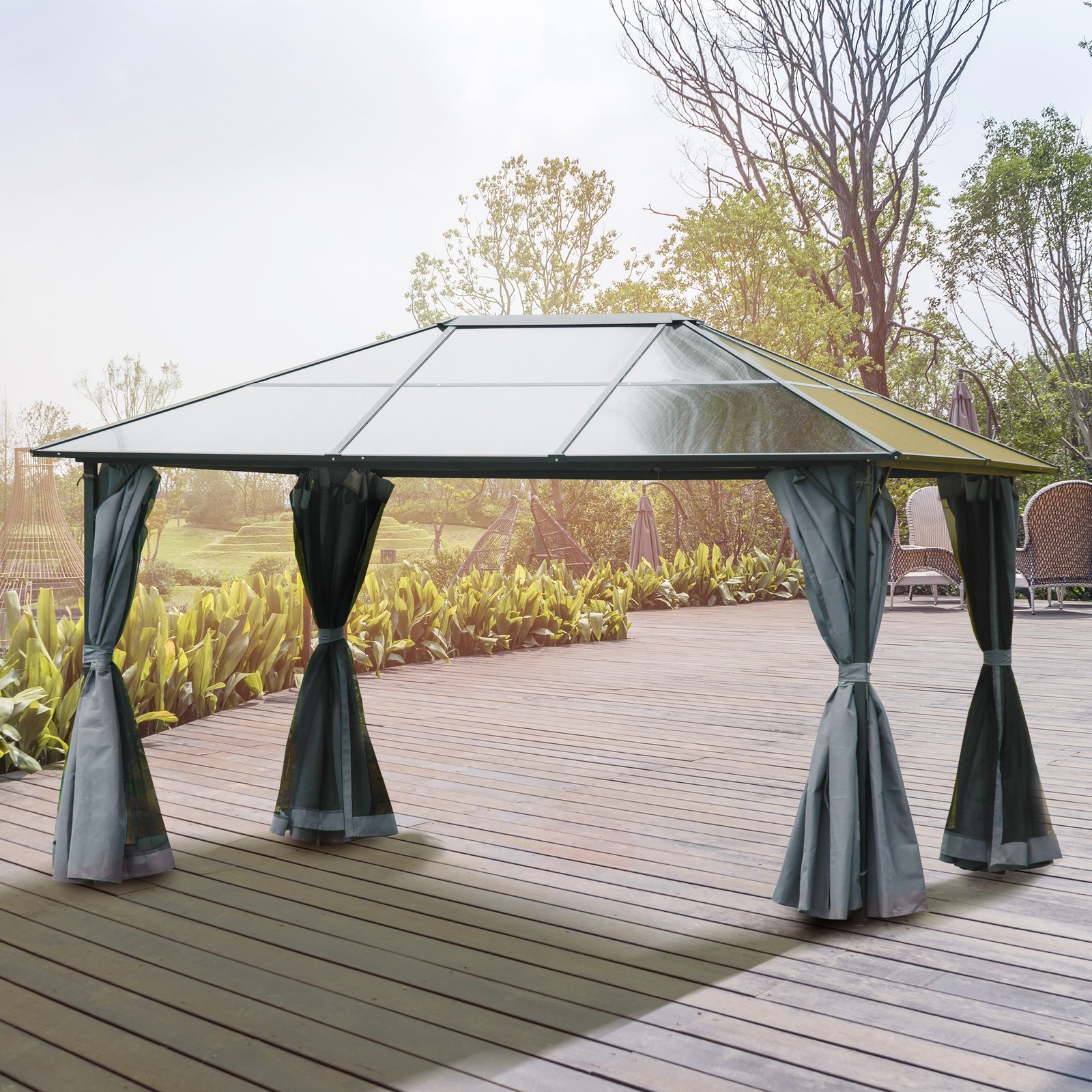 3 x 4m Polycarbonate Hardtop Gazebo Canopy w/ Aluminium Frame Netting & Curtains