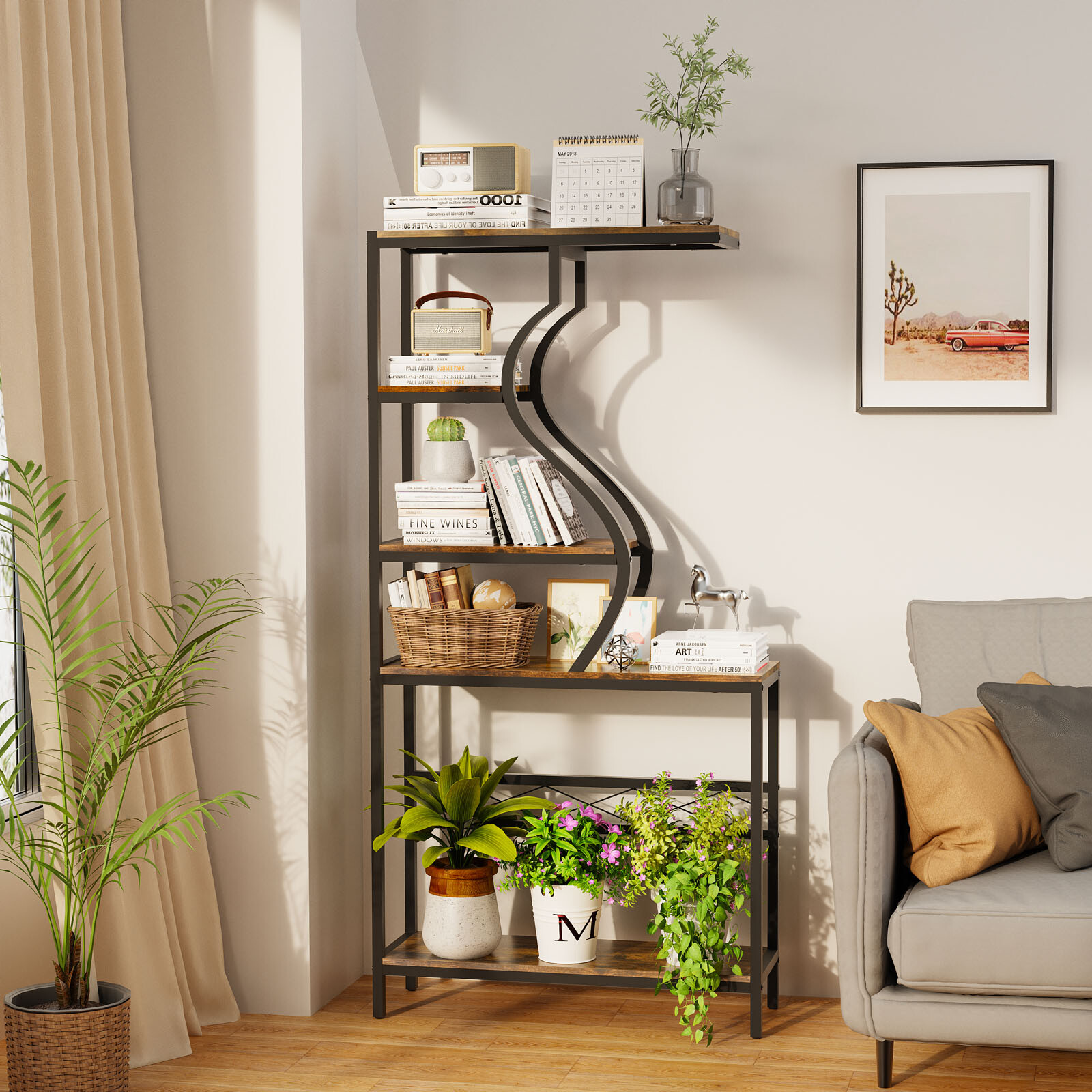 Tall 5-Tier Industrial Metal & Wood Plant Stand Sturdy Flower Shelf Display Rack