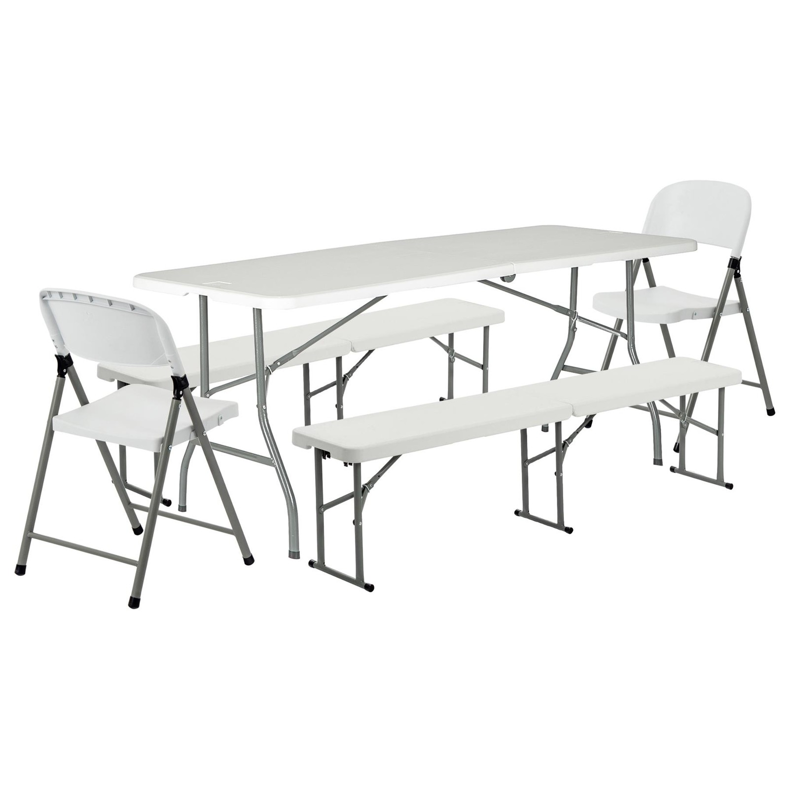 Folding Camping Picnic Table, Bench & Chair Set 180cm (6ft) White Portable