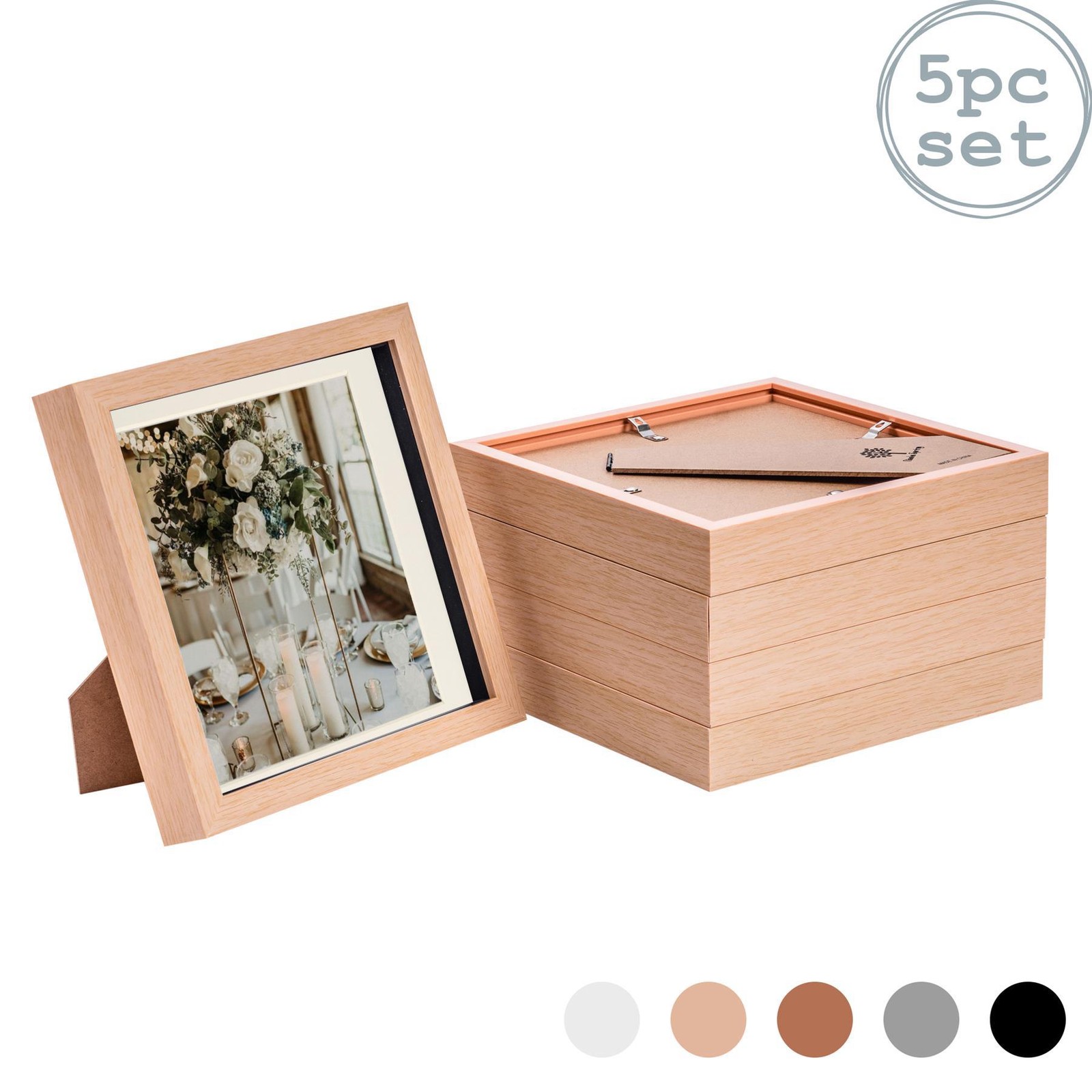 5x 3D Box Photo Frames Picture Display 8 x 8" with 6 x 6" Mount Light Wood/Ivory