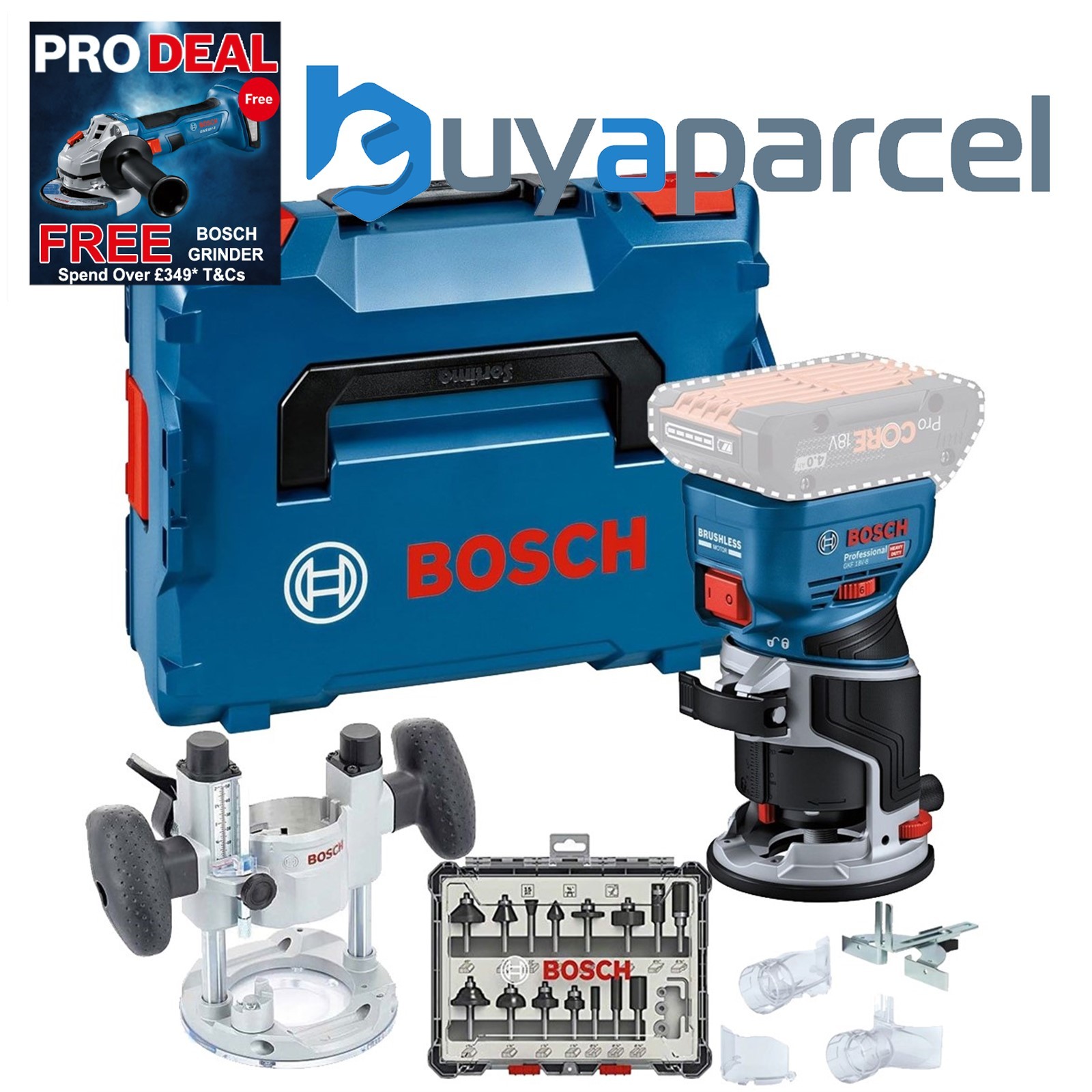 Bosch GKF 18v Brushless Palm Router Trimmer Lboxx Plunge Base + 15PC router Set