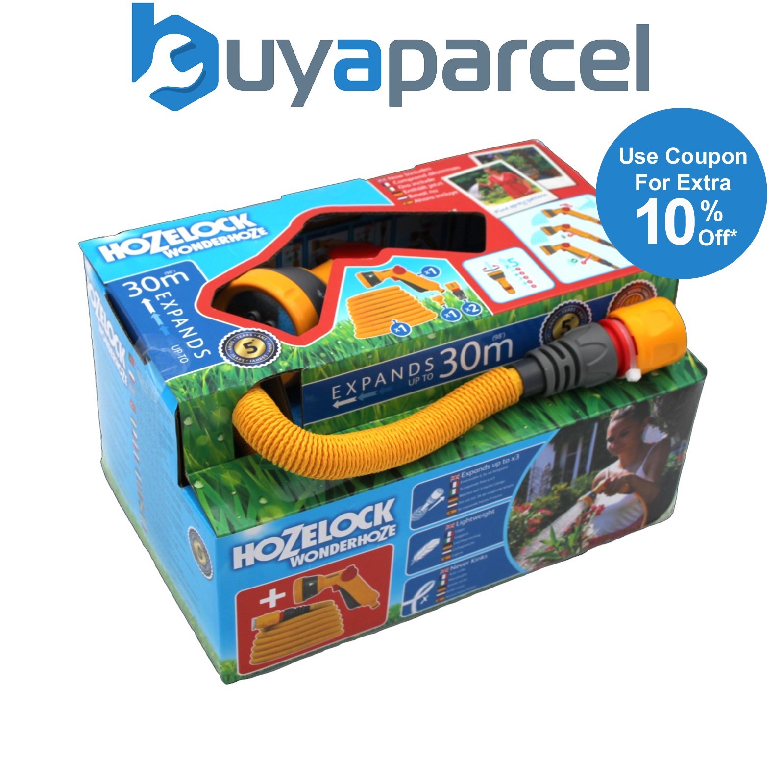 Hozelock Wonderhoze 30m Expanding Flexible Hose Pipe & Multi Spray Gun
