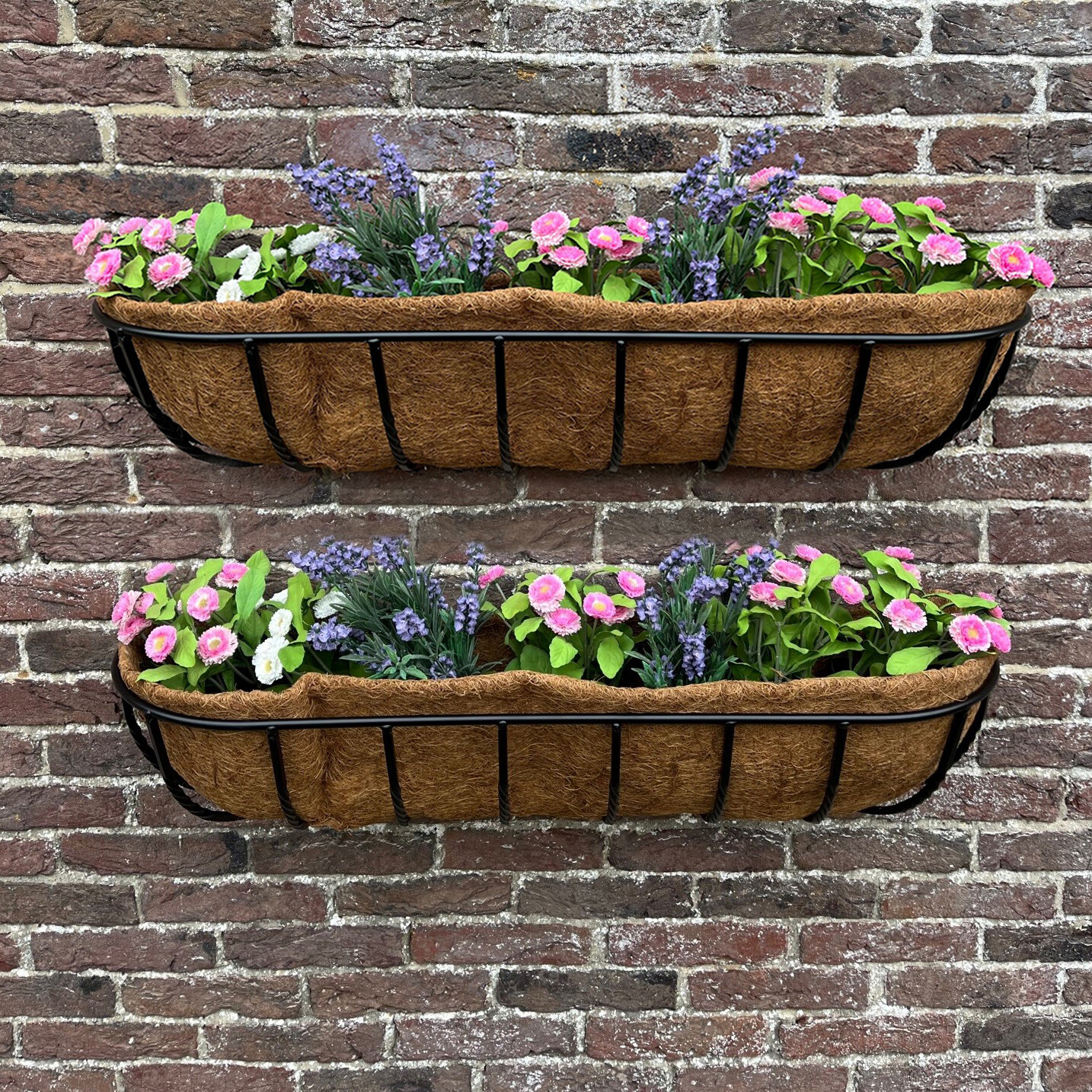 Garden Wall Planters Outdoor Black Metal Basket Manger Trough (90cm) - Set of 2