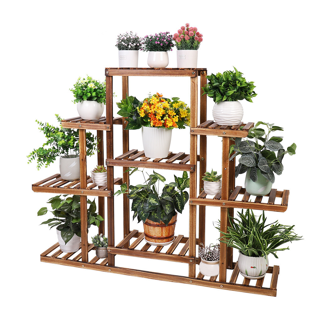 9 Tier Flower Rack Wood Plant Shelf Stand 13 Pots Bonsai Display Shelf Holder