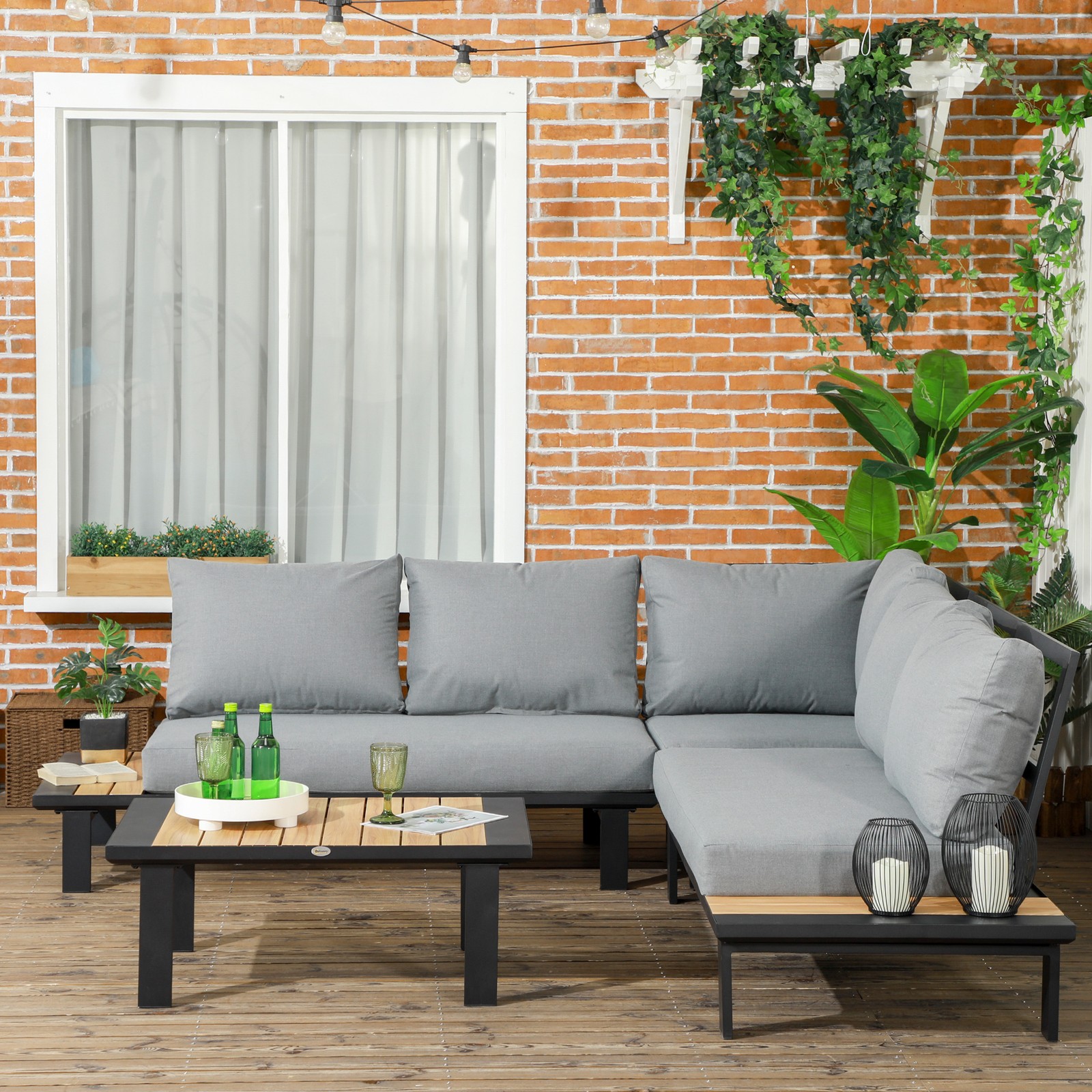 4 Pieces Garden Furniture Set Conversation Set with Loveseat Table, Grey