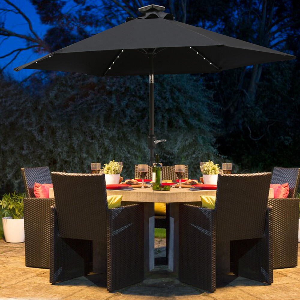 2.5M Round LED Garden Parasol Sun Shade Patio Outdoor Umbrella Tilt Crank Black